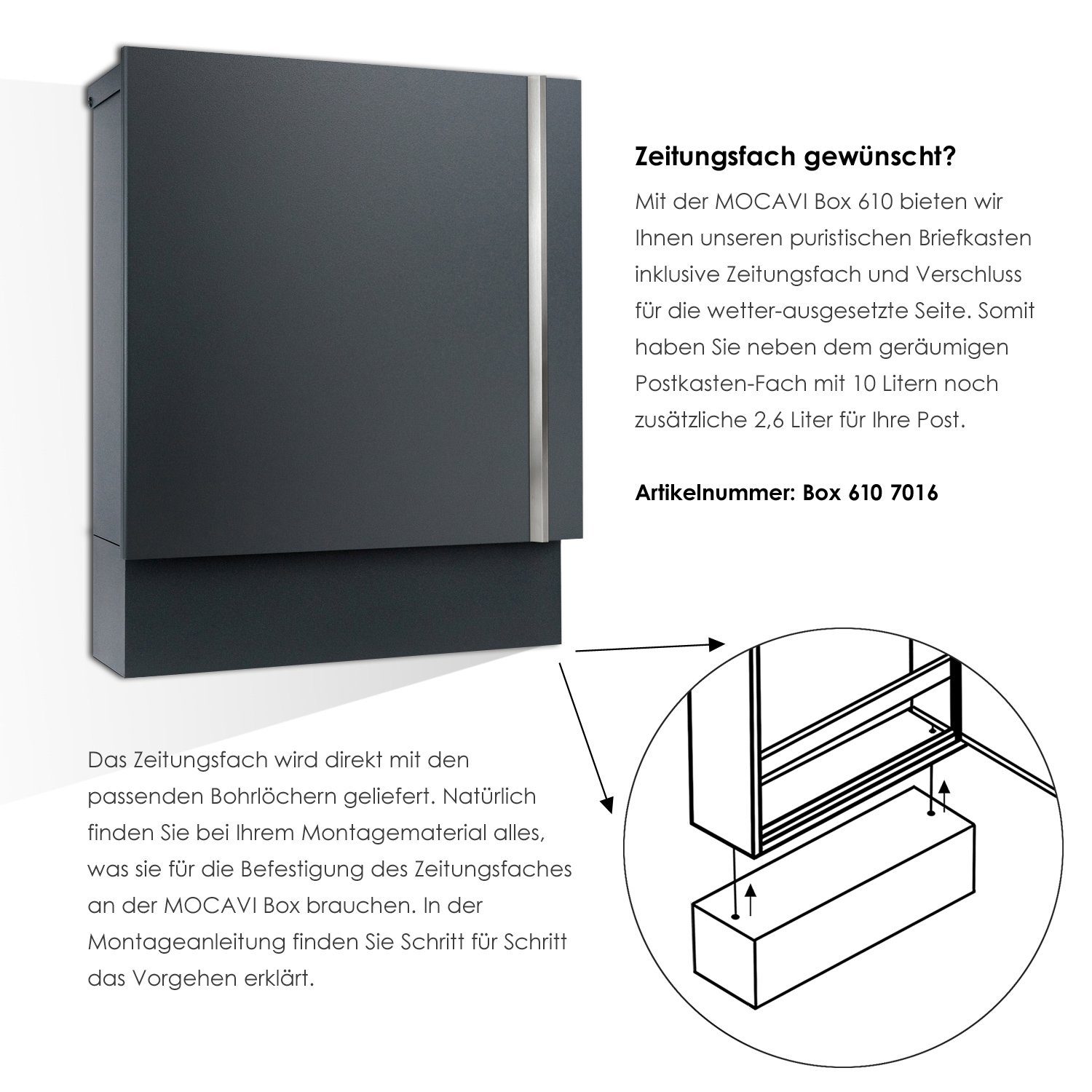 MOCAVI Briefkasten MOCAVI Box 610 7016) wetterausgesetzte passendem Briefkasten enthalten, Zeitungsfach Verschluss inkl. Seite mit für und anthrazit (RAL im Paket Edelstahl-Griff