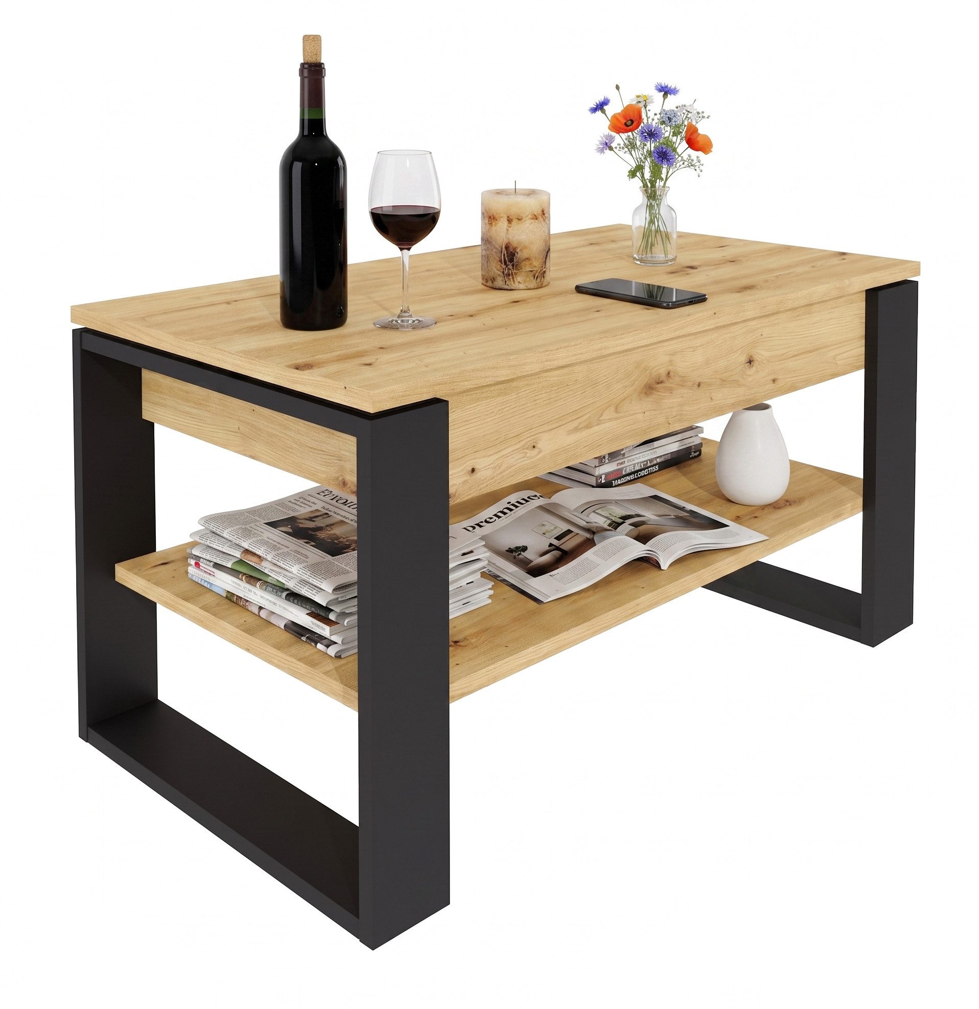 TREND WERK Couchtisch Lift-Couchtisch höhenverstellbar Sofatisch 92×55 cm mit Stauraum (verstecktem Fach Wohnzimmertisch Holz modern)