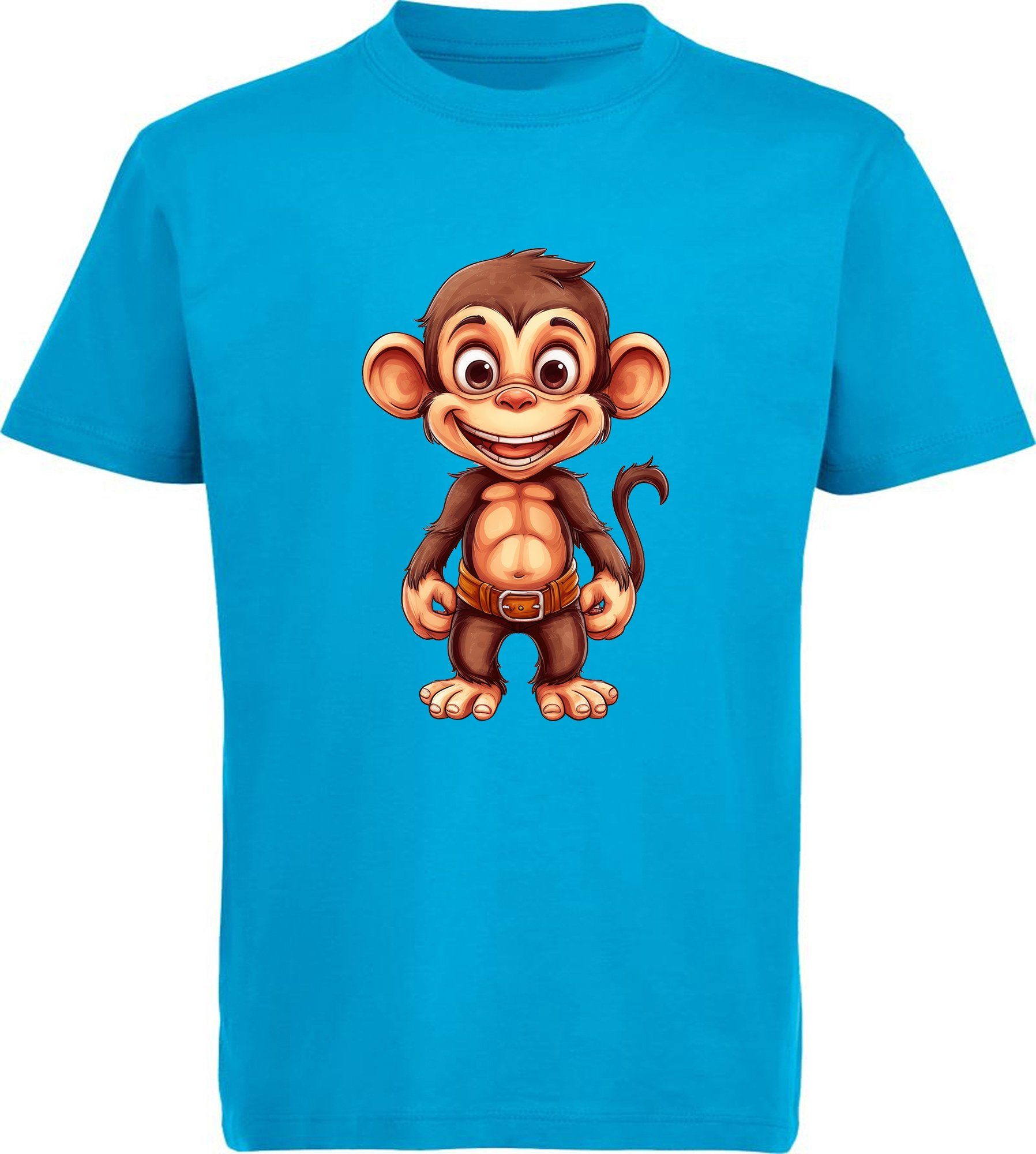 MyDesign24 T-Shirt Kinder blau Shirt aqua bedruckt - Affe i276 Aufdruck, Print Baby Baumwollshirt Wildtier mit Schimpanse
