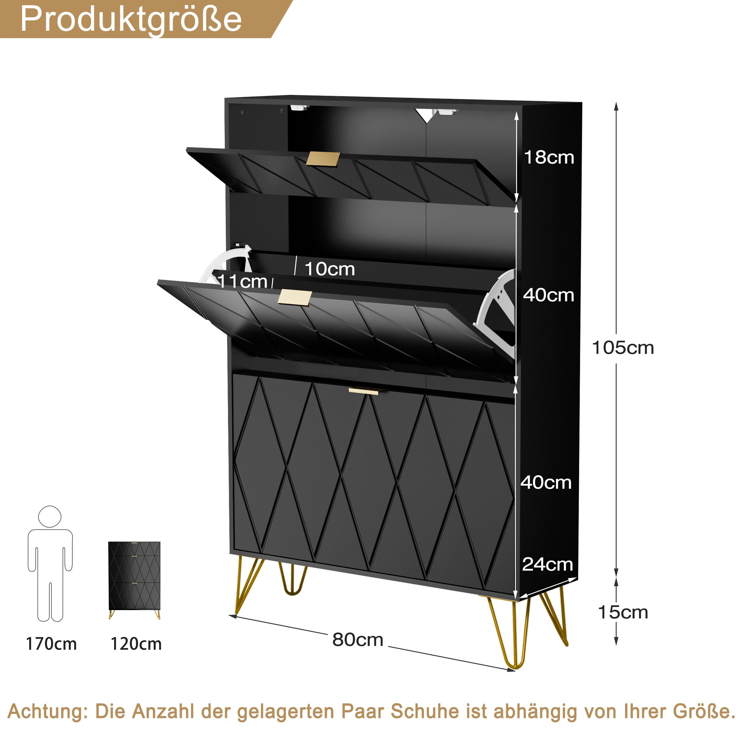 UEV Schuhschrank mit 2 Klappen Schuhregal Schuhkipper, Trennwände verstellbar (Schmal Schrank. Schuhkommode im Flur) B80 x T24 x H120 cm für 16 Paar Schuhe, Pla – Bild 5 von 5
