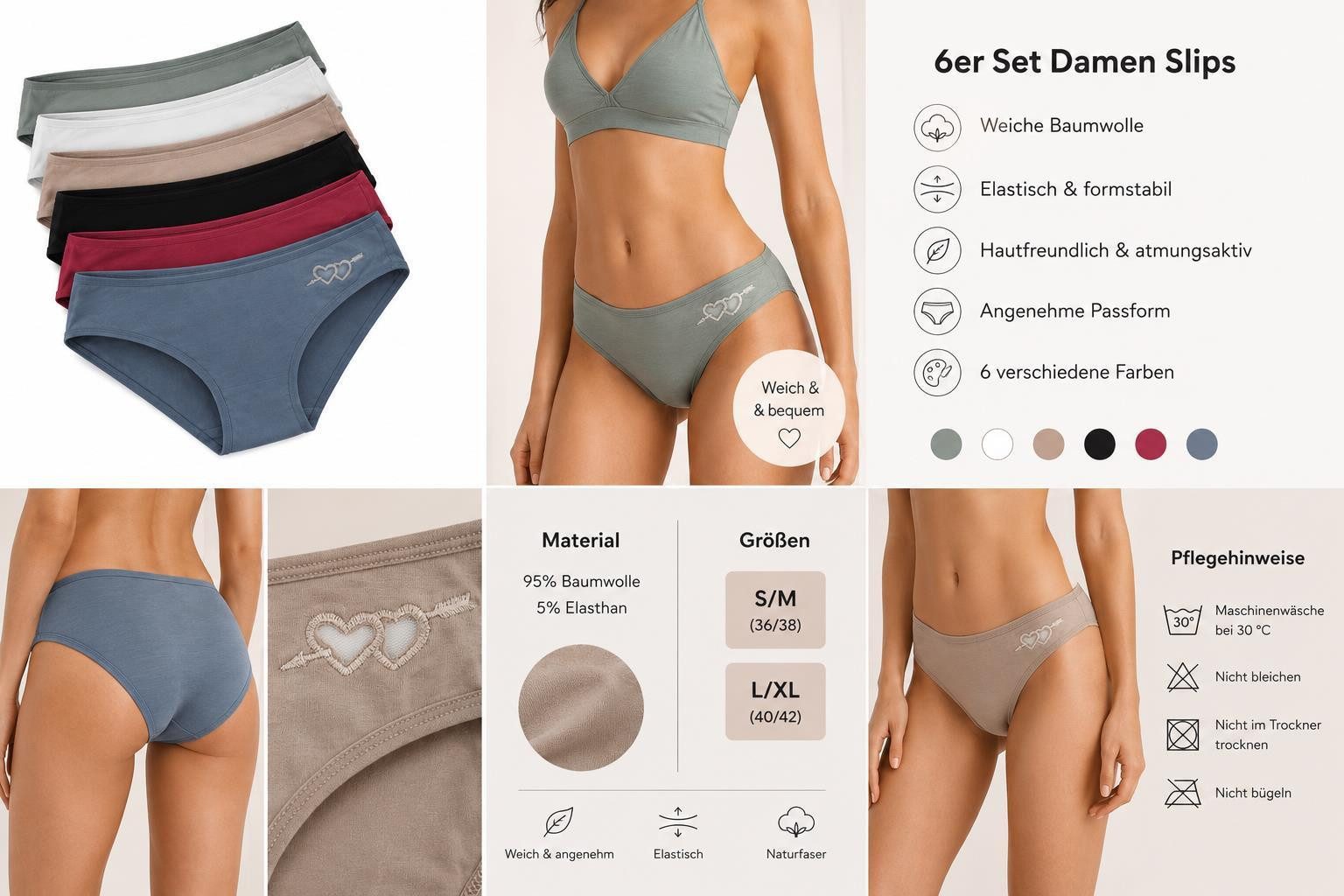 EloModa Slip 6er Set Damen Slips Baumwolle Unterhosen weich elastischer Bund (6-St) 6er Set aus 95 % Baumwolle mit weichem elastischem Bund