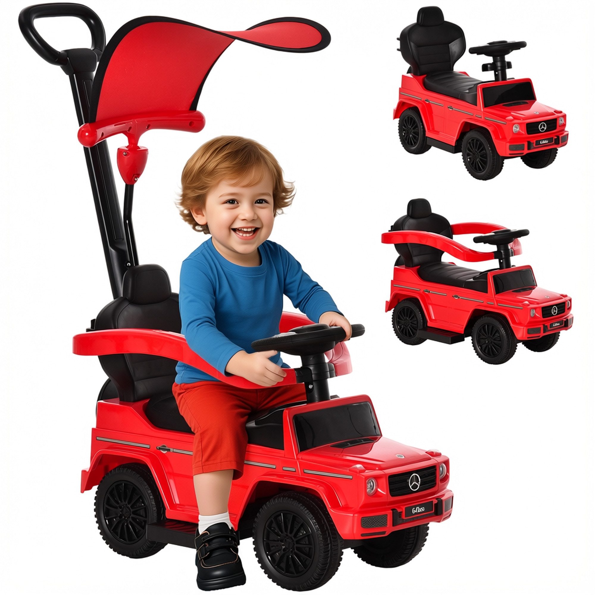 HOMCOM Rutscher Rutschfahrzeug mit Lenkrad, Kinderfahrzeug mit Hupe Fußstütze, (3-in-1 Schiebeauto, 1-tlg., Rutschauto mit Schiebstange), für Kinder von 18 bis 36 Monaten Rot