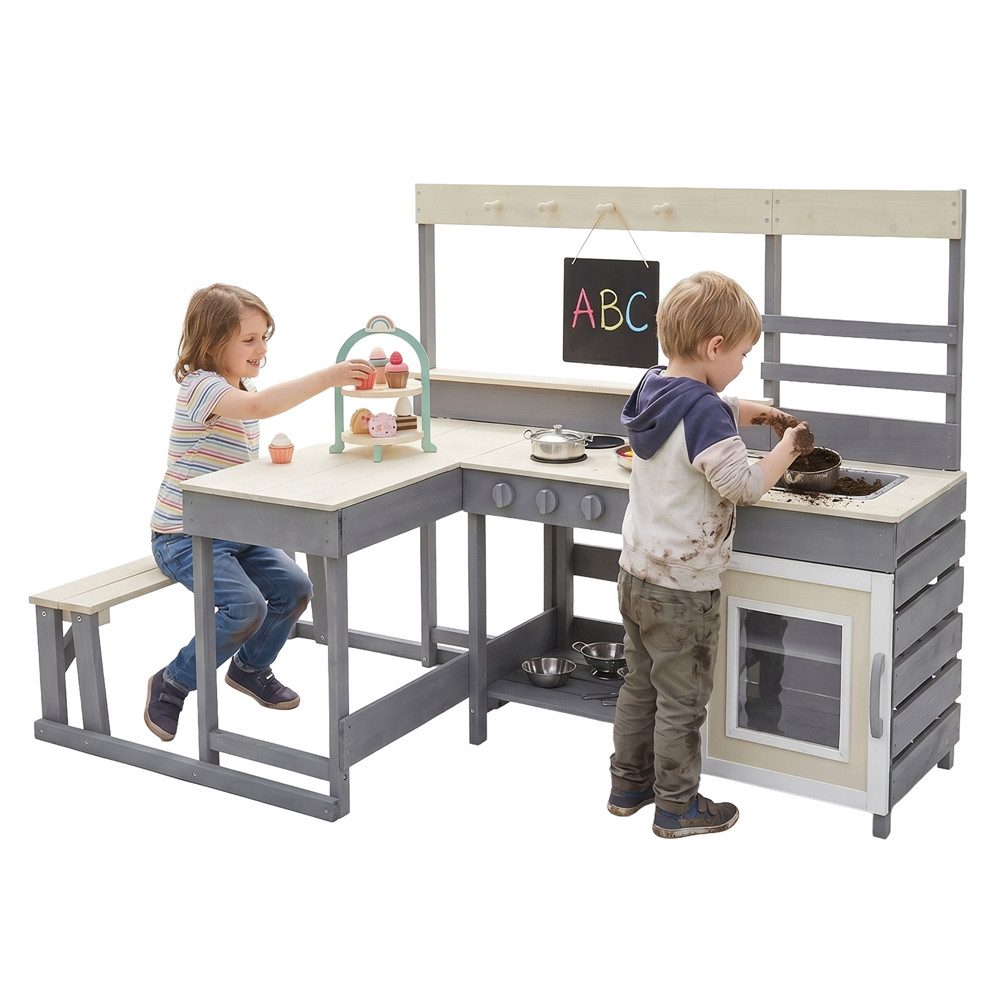 Joyz Outdoor-Spielküche Kinderküche Spielküche mit Tisch Sitzbank Tafel Küchenzubehör Outdoor Tanne, Kunststoff, Edelstahl, Wetterfeste Kinderspielküche Set Matschküche Spielzeugküche für Kinder