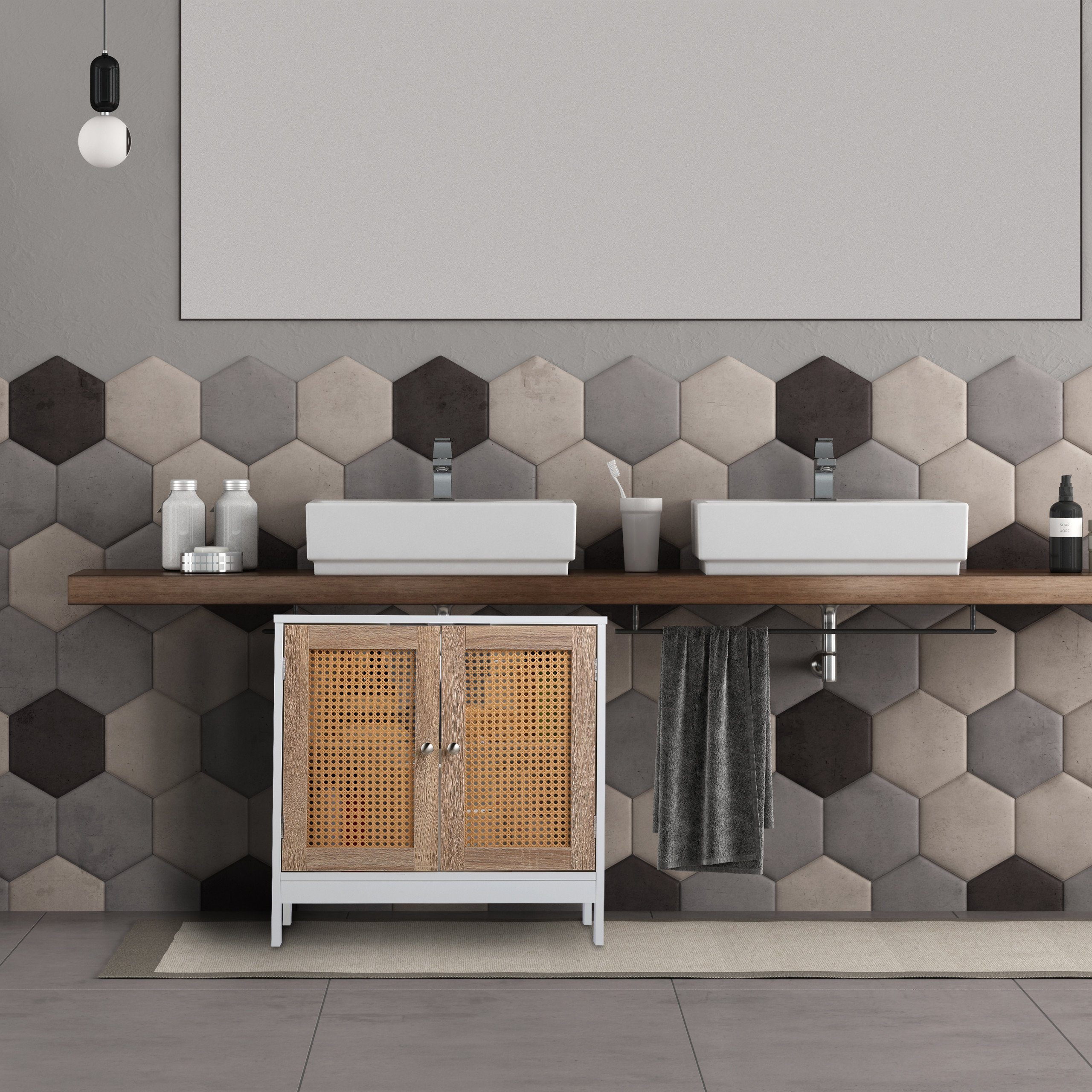 relaxdays Waschbeckenunterschrank mit Rattan Türe günstig online kaufen