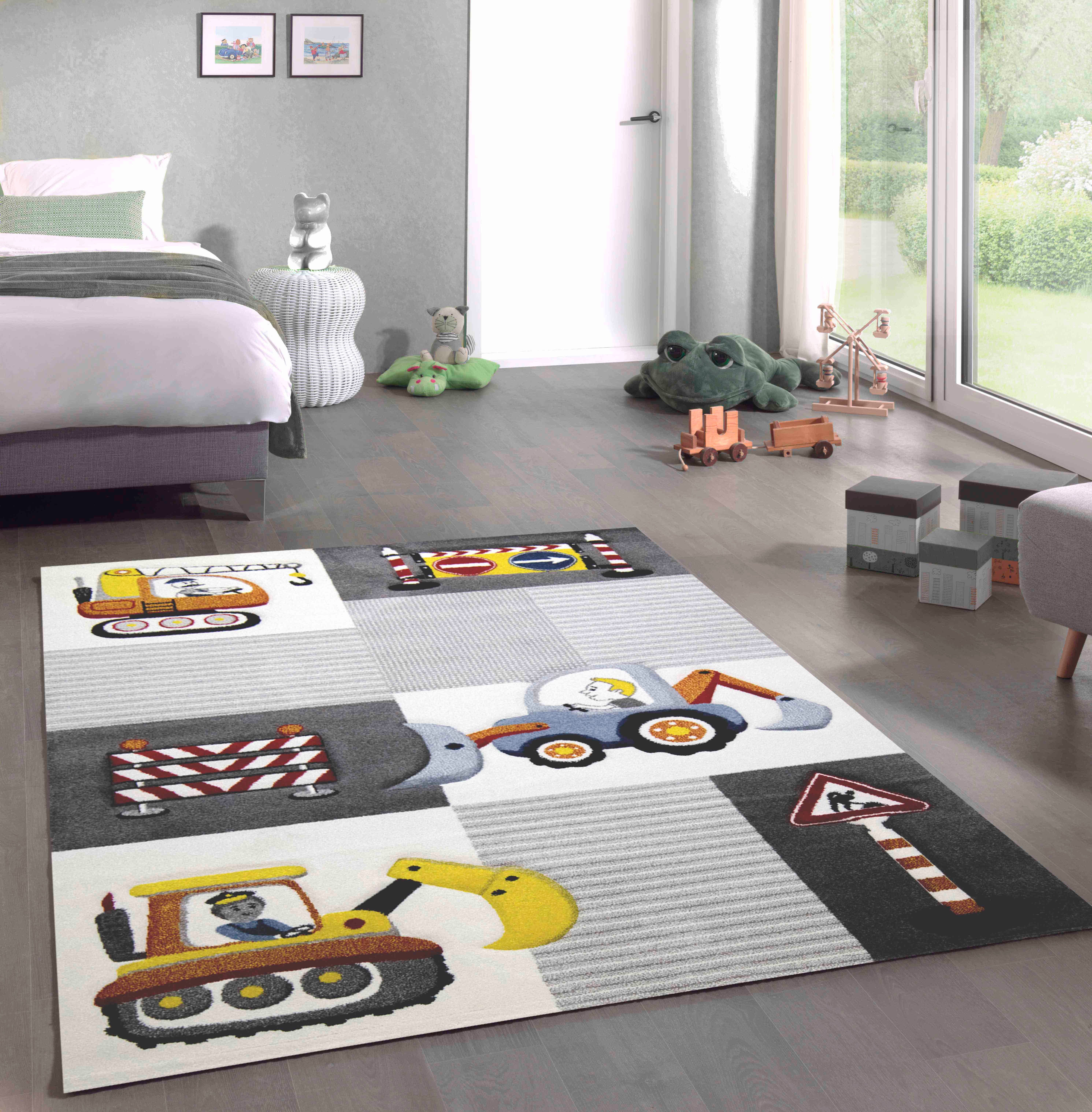 Carpetia Kinderteppich Kinderzimmer Straßenschilder Bagger Kran günstig online kaufen