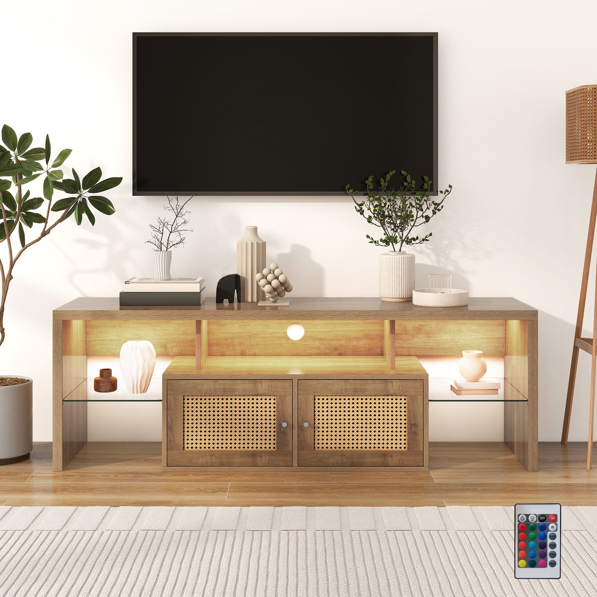Merax Lowboard »mit LED-Beleuchtung inkl. Fernbedienung«, Rattan TV-Schrank  mit Glasablage, TV-Board aus Holz, B/H/T:150/38/39cm