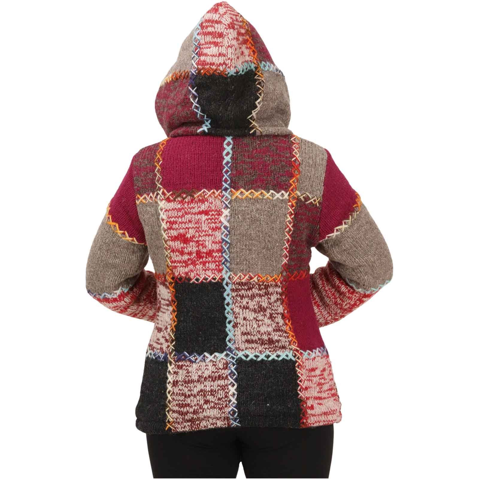 KUNST UND MAGIE Kapuzenstrickjacke Strickjacke Wolle Bunte Patchworkjacke Fleecefutter abnehmbarer Kapuze