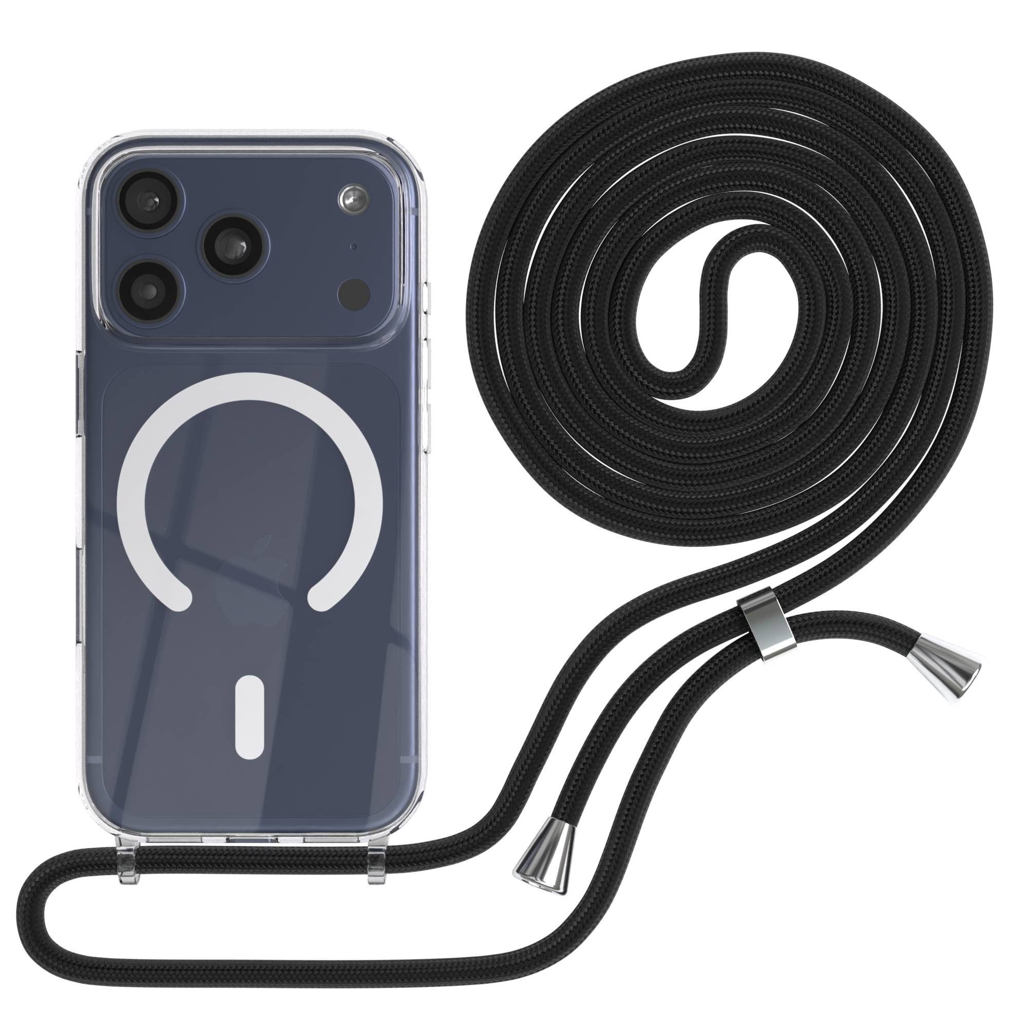 EAZY CASE Handykette mit Magsafe Hülle für Apple iPhone 17 Pro 6,3 Zoll, Handykordel Qi-Case Slimcover mit Umhängeband zum Umhängen in Schwarz