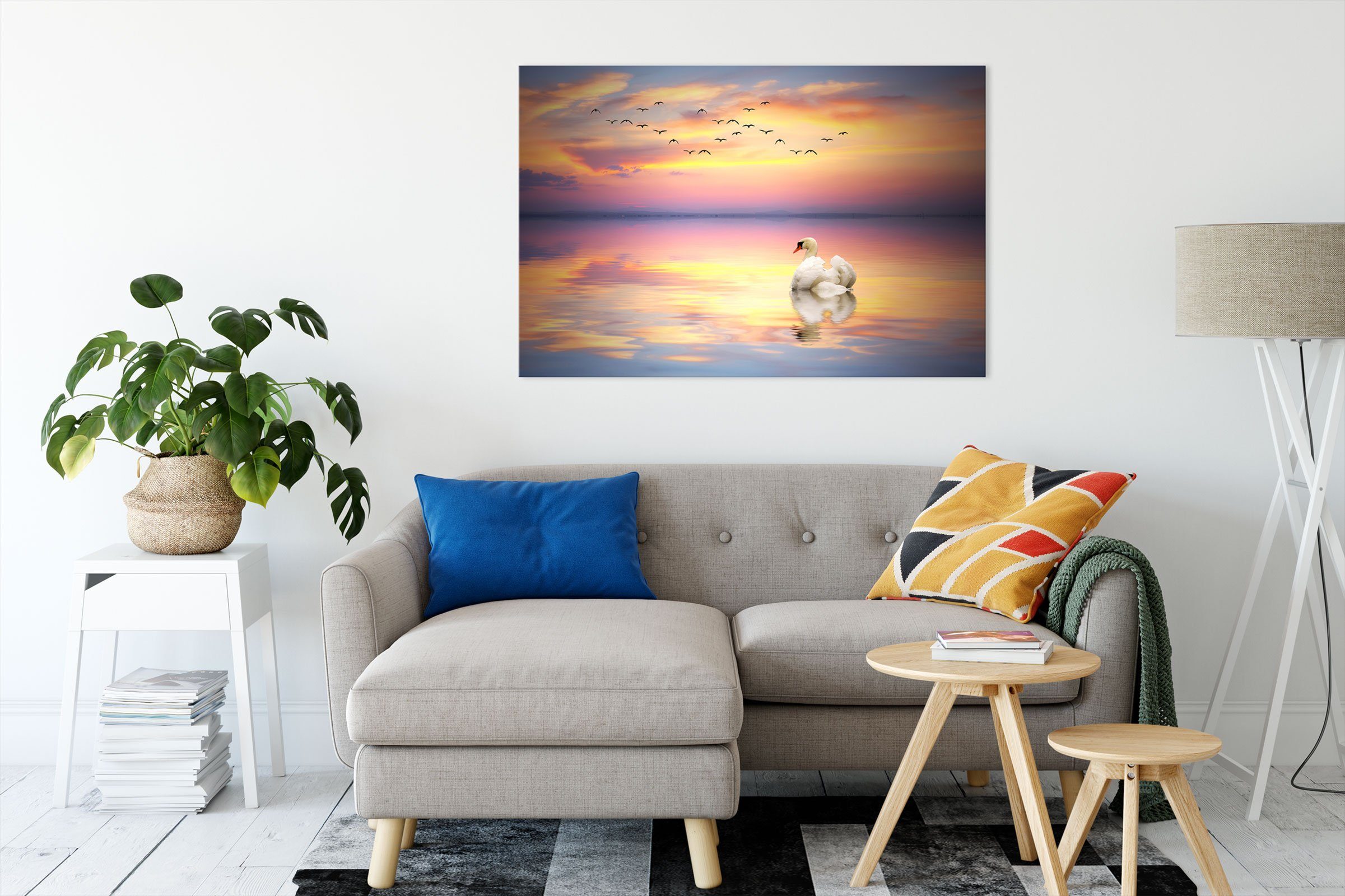 Pixxprint Leinwandbild Schwan bei Sonnenuntergang, Schwan (1 St), Leinwandbild fertig inkl. bespannt, bei Zackenaufhänger Sonnenuntergang