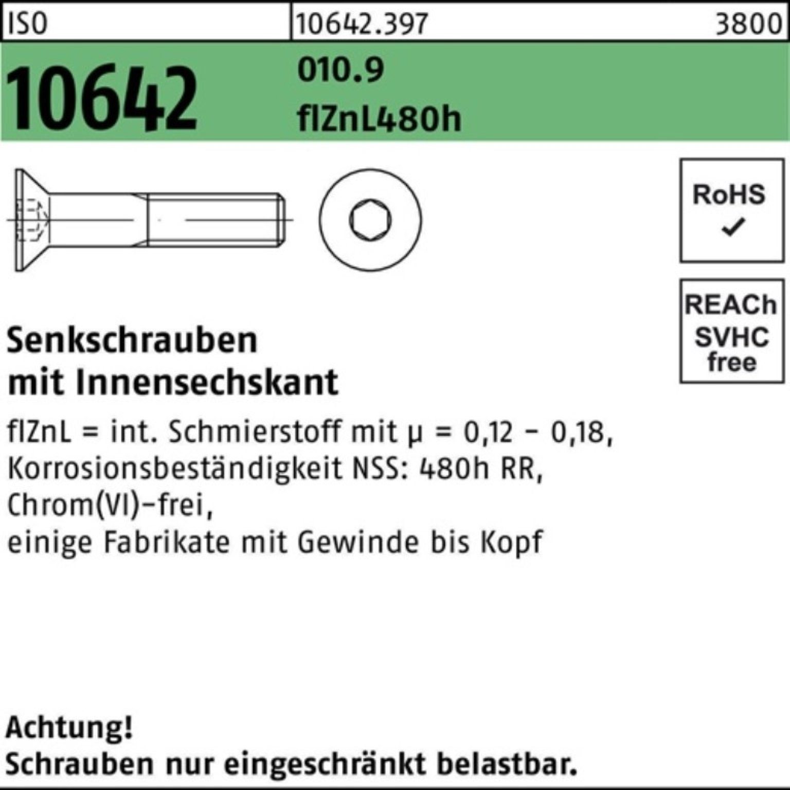Reyher Senkschraube 100er Pack Senkschraube ISO 10642 Innen-6kt M12x60 010.9 flZnL 480h zi