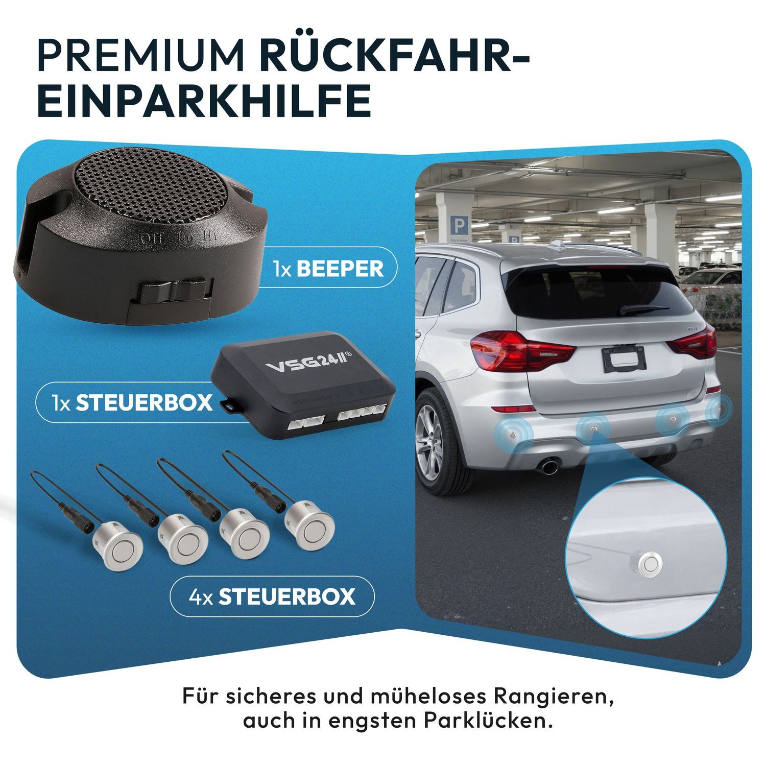 VSG24 Akustische Premium Einparkhilfe ECHO PLUS Parkhilfe zum nachrüsten PDC Rückfahrkamera (Rückfahrwarner mit Lautsprecher & 4 Sensoren Stecksystem Nachrüstsatz)