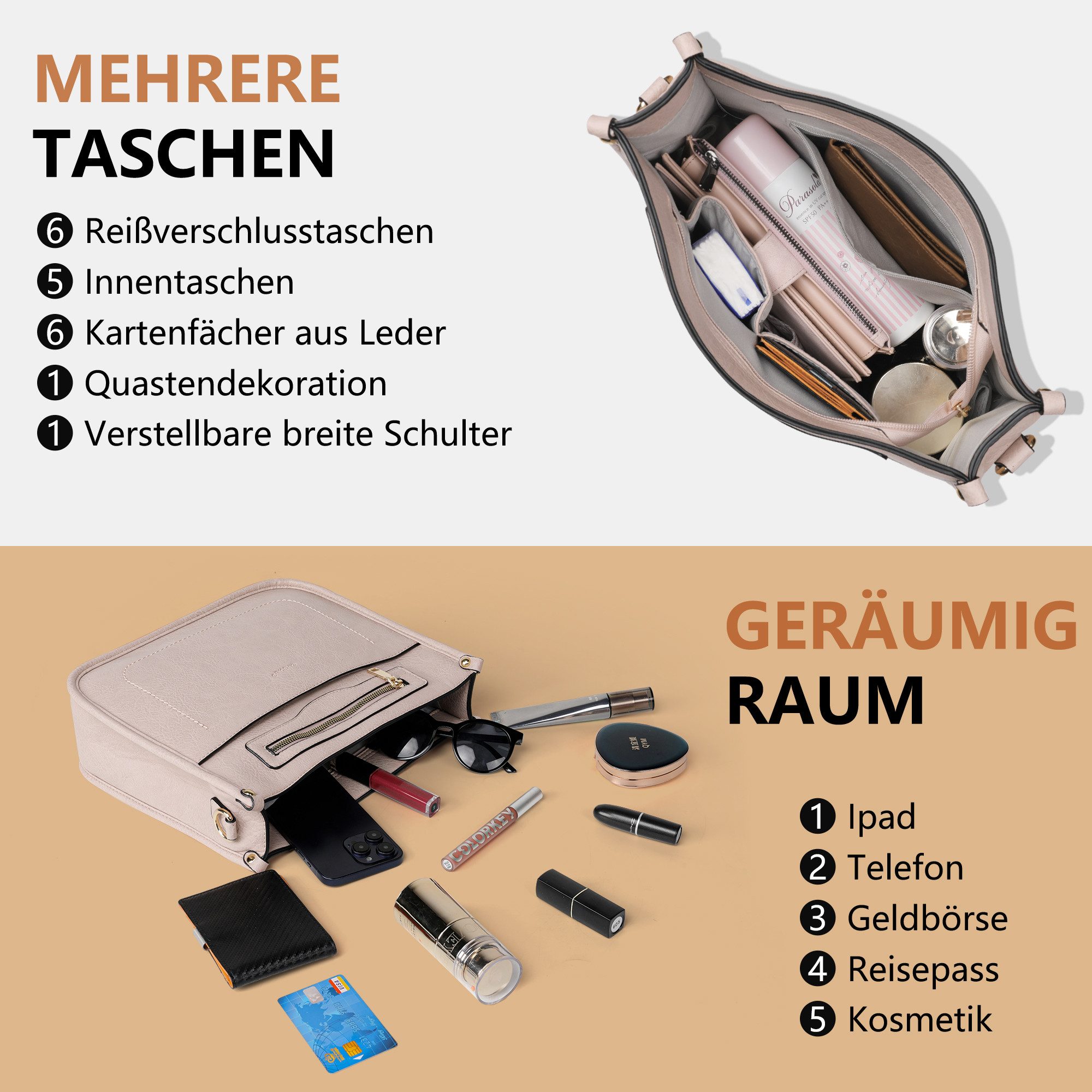 TAN.TOMI Umhängetasche Damen Handtasche mittelgroß Crossbody Bag multi pochette tasche, Damenhandtasche mit Verstellbar Breitem Schultergurt