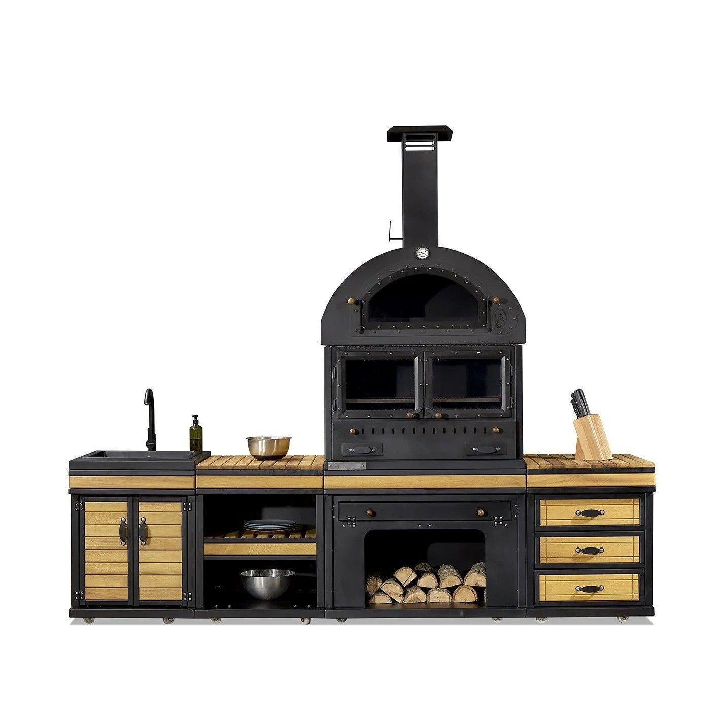 Xlmoebel Outdoor-Küche Schwarze Außenküche aus Holz und Edelstahl mit Kochbereich, Made in Europa