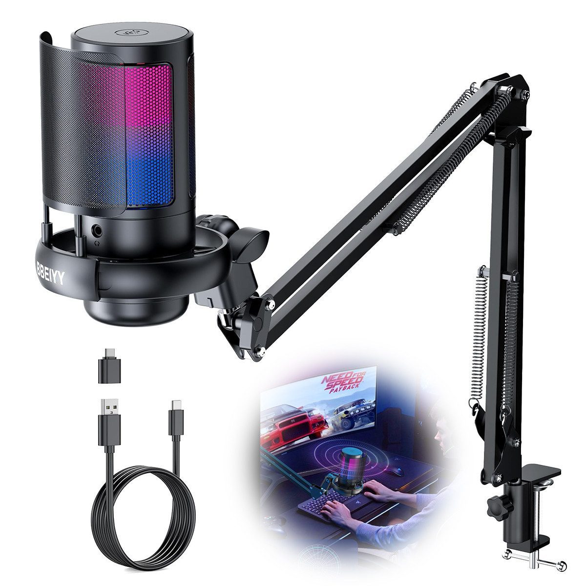 Mikrofon Gaming-Mikrofon PC mit Arm RGB, Mikrofon