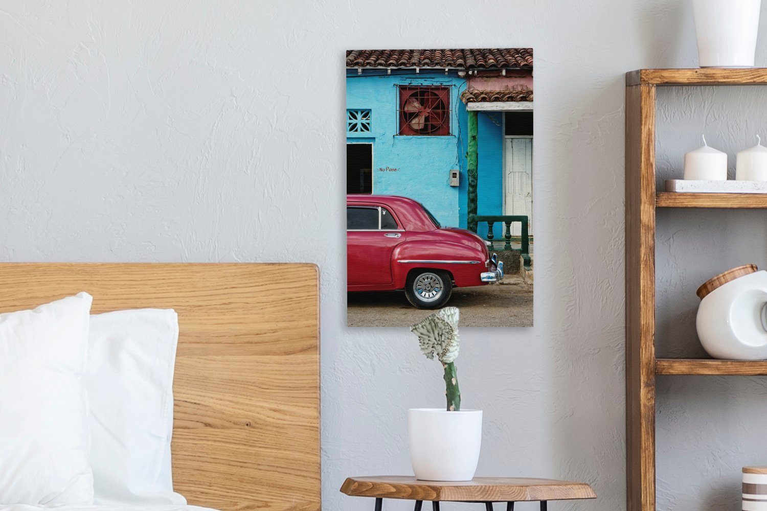 OneMillionCanvasses® (1 fertig 20x30 St), inkl. Gemälde, Ein Oldtimer Leinwandbild cm Leinwandbild für blaues ein kubanischer Haus, Zackenaufhänger, bespannt