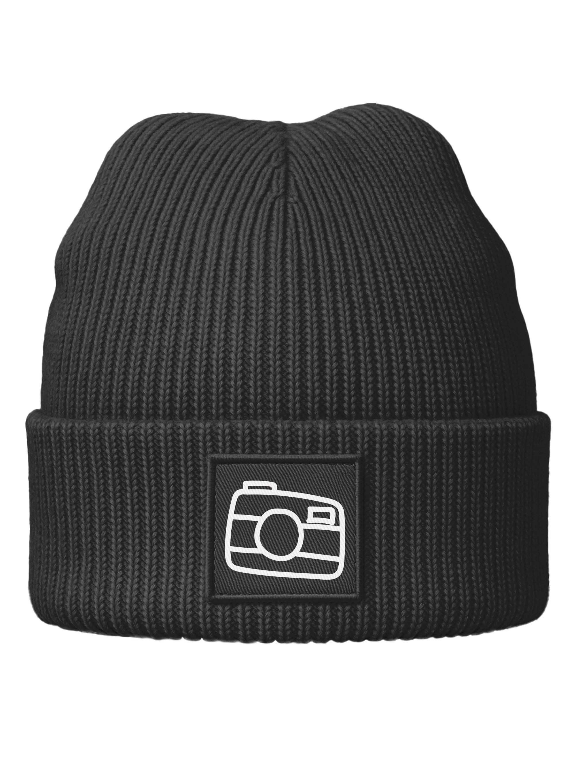 Strickmütze Damen Beanie Patch bedruckt Kamera Logo Aufdruck Print Wintermütze