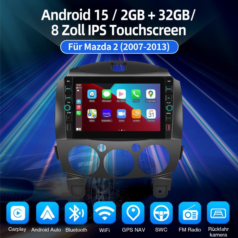 ESSGOO Für Mazda 2 2007-2013 Carplay Android 15 Navigationsgeräte Bluetooth Navigationsgerät (Apple Carplay Android Auto GPS FM AM RDS WIFI)