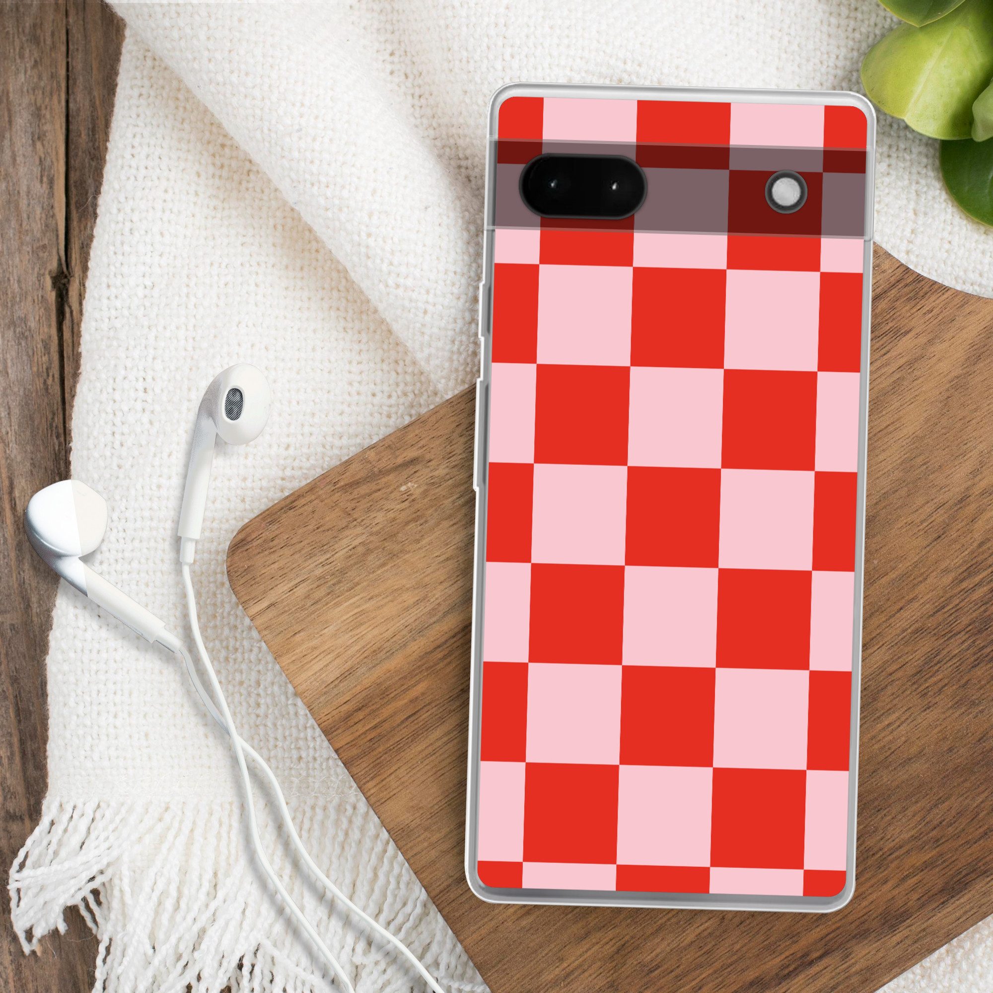 MuchoWow Handyhülle für Google Pixel 6a Schachbrettmuster - Rot - Rosa - Würfel, Phone Case, Silikon, Schutzhülle Dünn