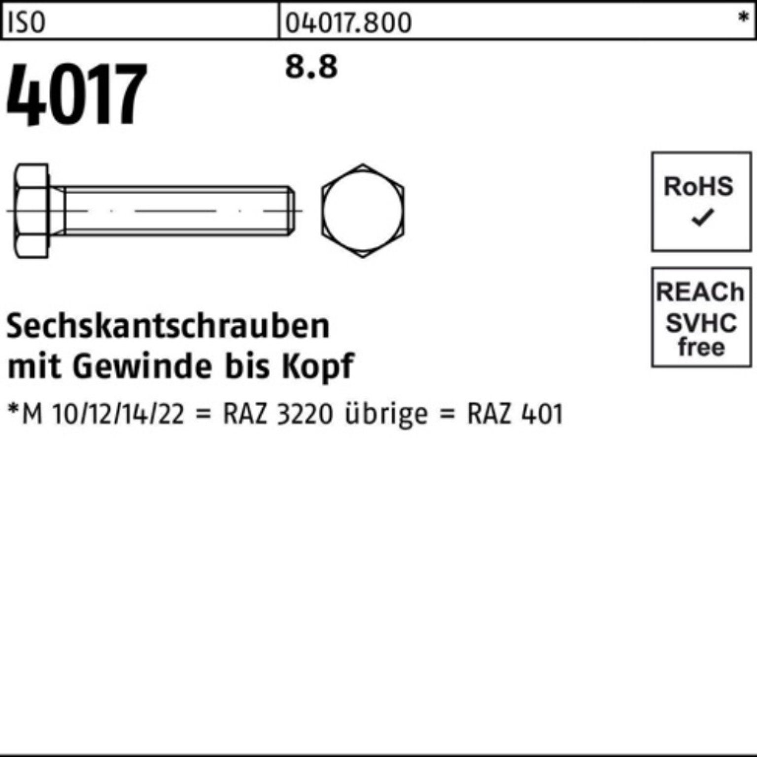 Bufab Sechskantschraube 100er Pack Sechskantschraube ISO 4017 VG M20x 220 8.8 1 Stück ISO 401