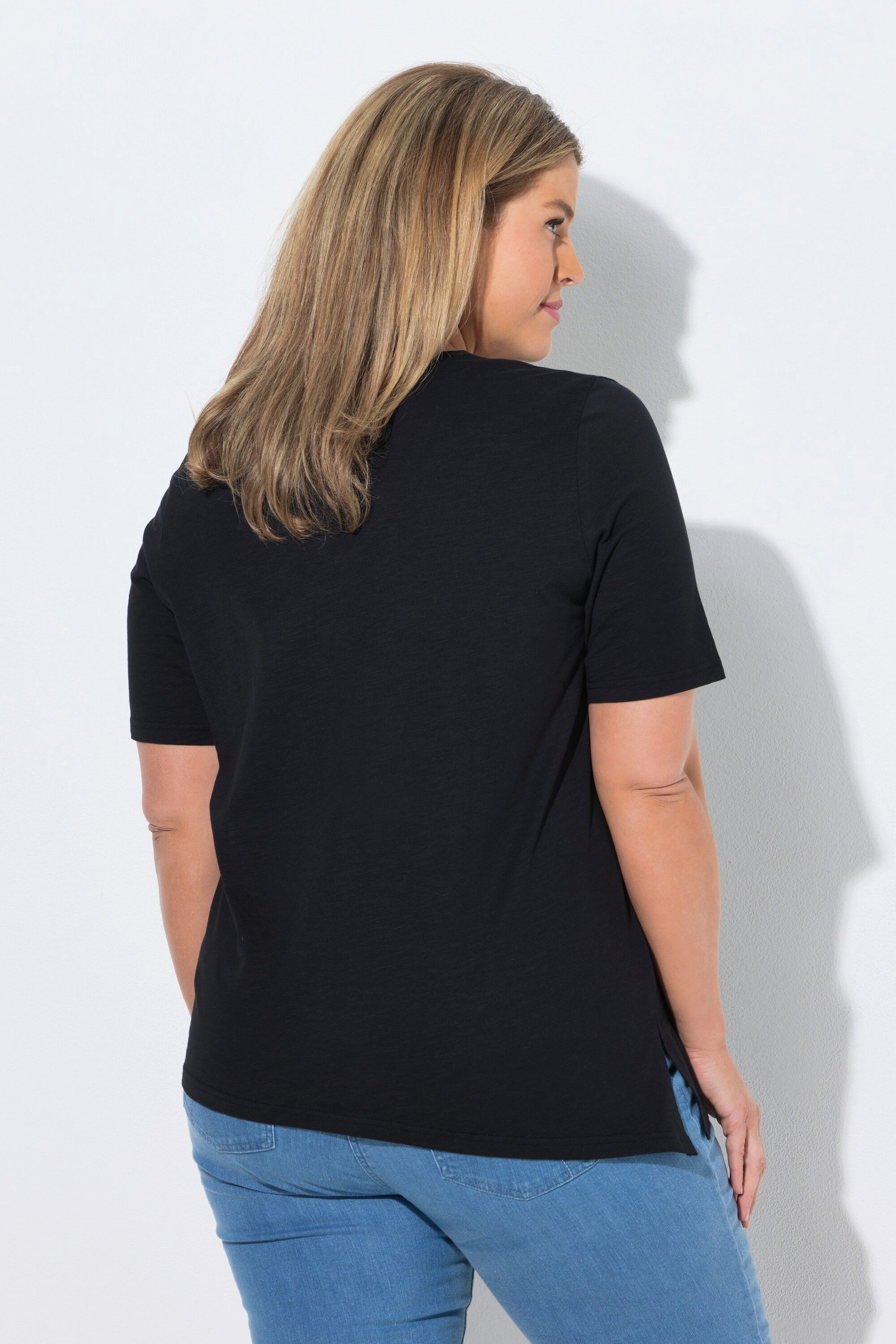Ulla Popken Longshirt Longshirt Stickerei Rundhals Halbarm Biobaumwolle