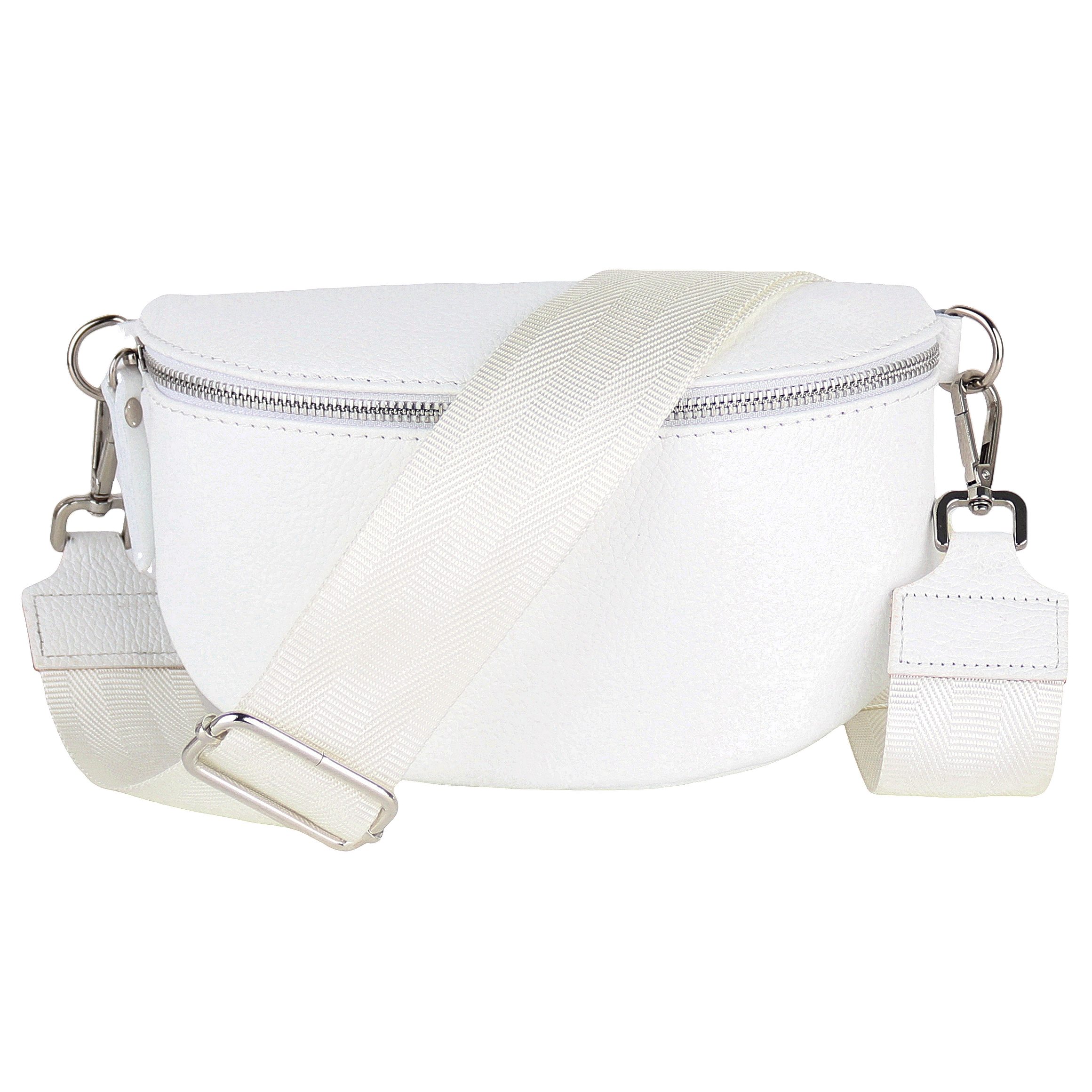 MIRROSI Bauchtasche Damen, Echtleder, Made in Italy, Umhängetasche, Brusttasche, (Schultertasche für jeden Anlass (1 Tasche & 2 Gurte), Crossbody Bag, Weiß, gemusterten& verstellbaren Schulterriemen