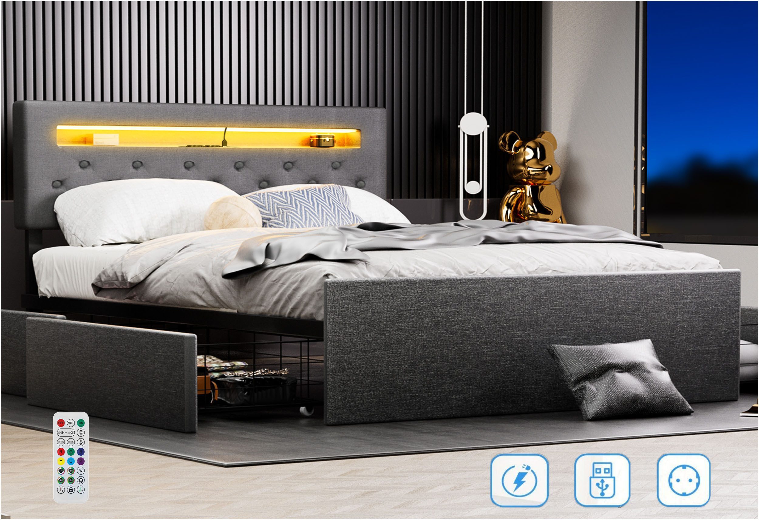 oyajia Polsterbett LED-Beleuchtung Doppelbett 140x200cm mit günstig online kaufen