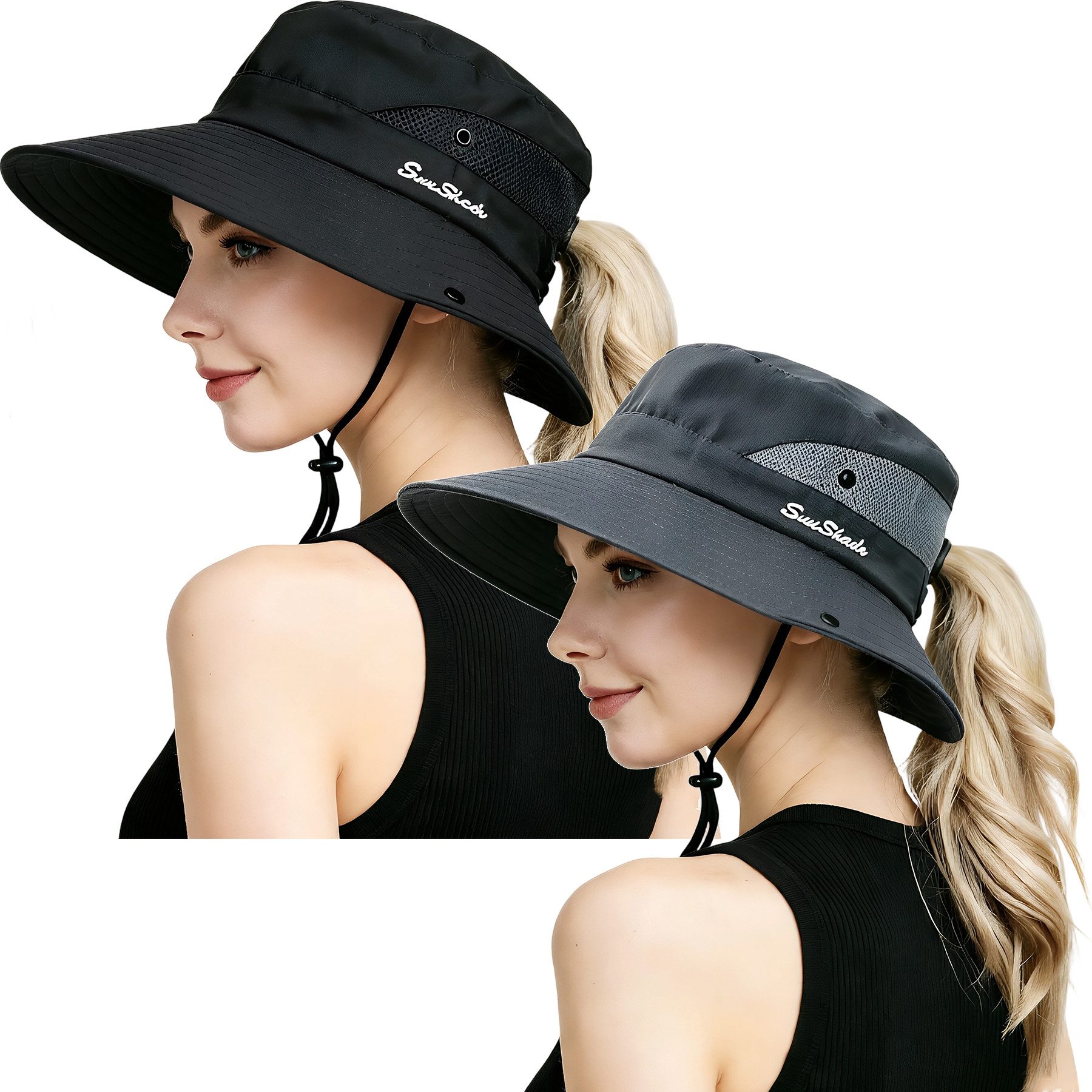 Mutig Sonnenhut 2 stk Damen Faltbarer Sonnenhut mit Zopföffnung breiter Rand UPF 50 (Mesh Breiter Rand Strand Fischerhut, UV Schutz Winddicht Strandhut, Wasserdicht Leicht Outdoor Buschhut mit Verstellbare Kinnband) Sommerhut Wanderhut Gartenhut für Sommer, Wandern Strand & Reise