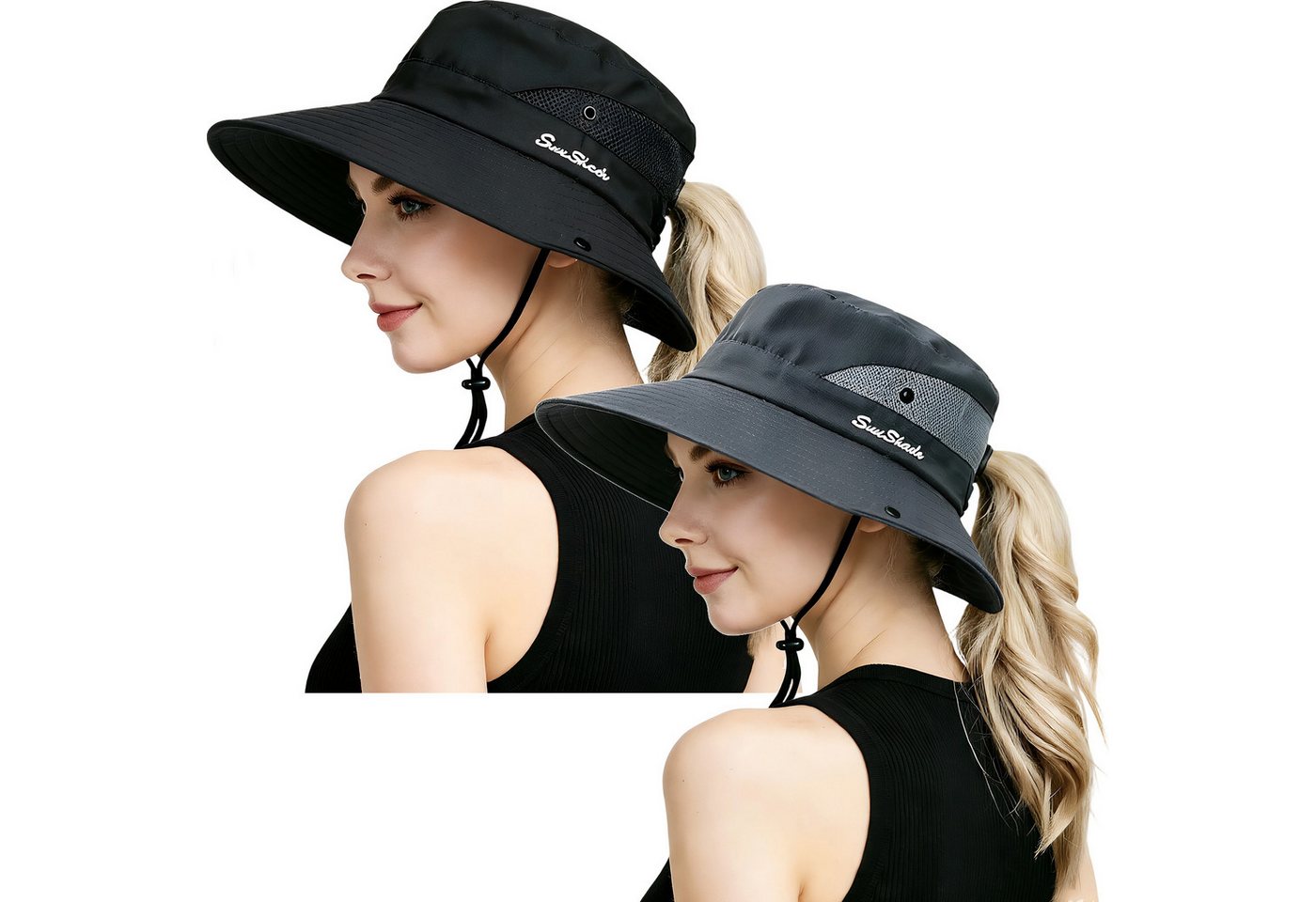 Mutig Sonnenhut 2 stk Damen Faltbarer Sonnenhut mit Zopföffnung breiter Rand UPF 50 (Mesh Breiter Rand Strand Fischerhut, UV Schutz Winddicht Strandhut, Wasserdicht Leicht Outdoor Buschhut mit Verstellbare Kinnband) Sommerhut Wanderhut Gartenhut für Somme
