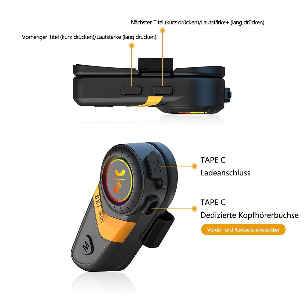 GelldG Intercom Motorrad Stunden Bluetooth-Kopfhörer 15 für Gelb Arbeitszeit Kommunikationssystem