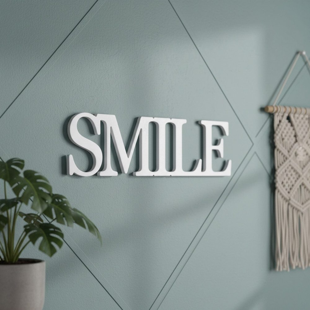 Melko Wanddekoobjekt Holzschrift Dekoschild SMILE Schriftzug Weiß Holz Aufhängen Wanddeko (Stück, 1 St), Inkl. Wandbefestigungsaufkelebern