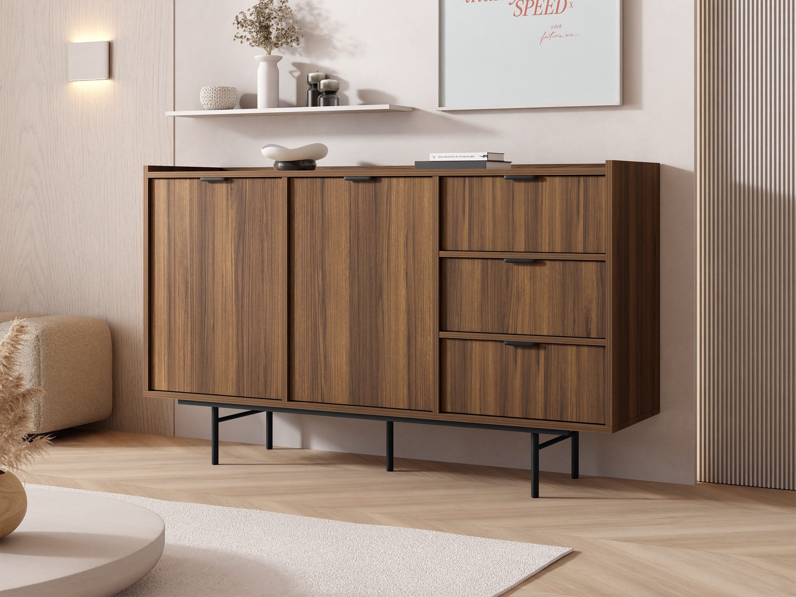 MIRJAN24 Kommode Edison 2D3S (mit zwei Drehtüren und drei Schubladen), 150x40x90 cm, Schwarze Metallgriffe