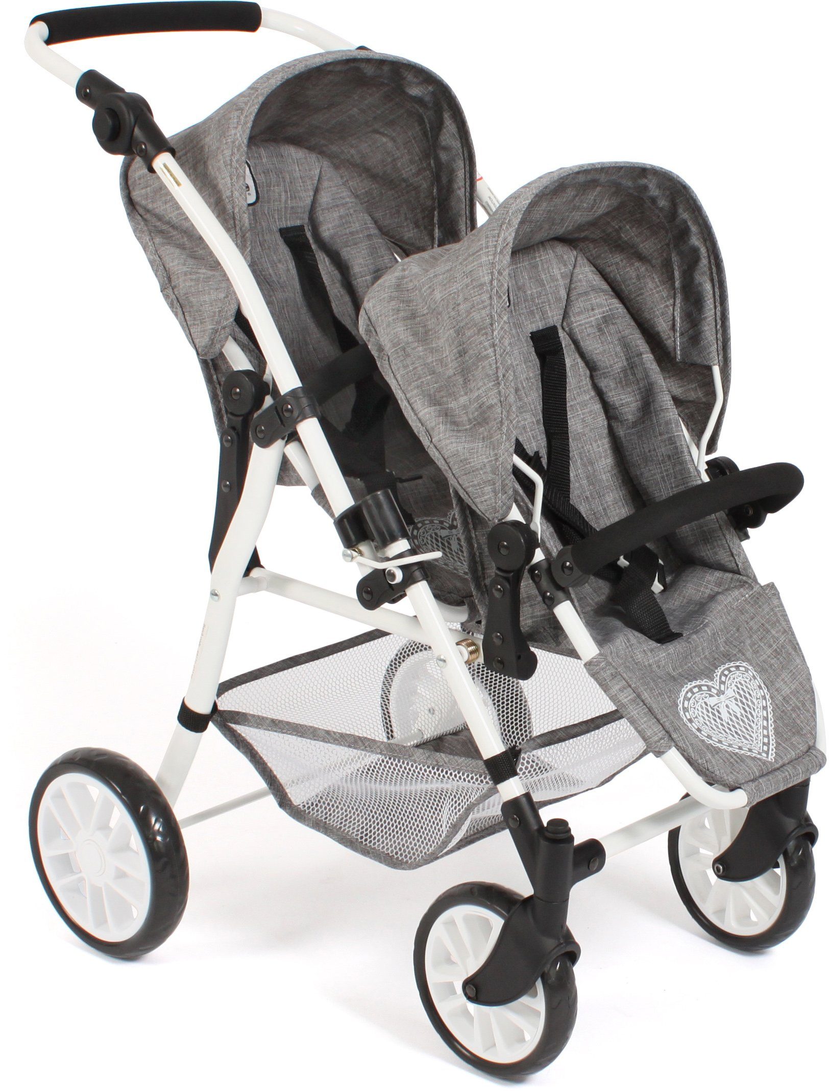 CHIC2000 Puppen-Zwillingsbuggy Twinny, Jeans Grey, mit schwenkbaren Vorderrädern
