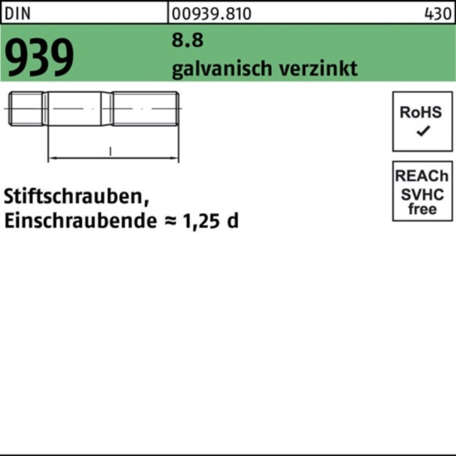 Reyher Stiftschraube 100er Pack Stiftschraube DIN 939 M8x30 8.8 galv.verz. Einschraubende=1