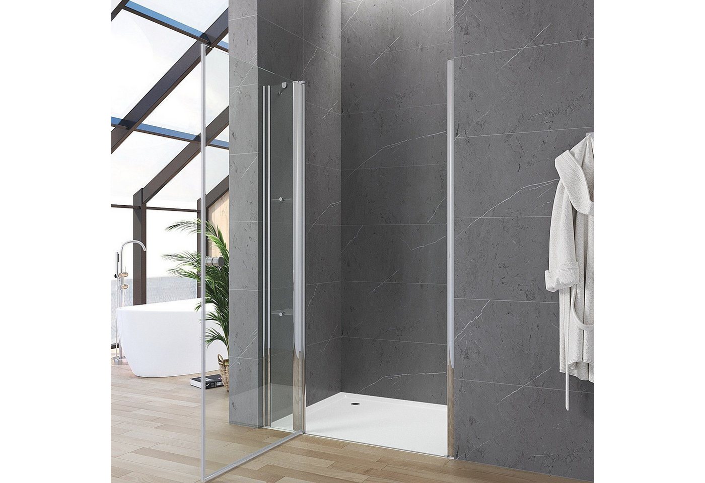 Thumbnail - AQUALAVOS Dusch-Schwingtür Duschabtrennung Nischentür ESG Glas Duschwand mit Festteil Pendeltür, 90x187 cm, Einscheibens...