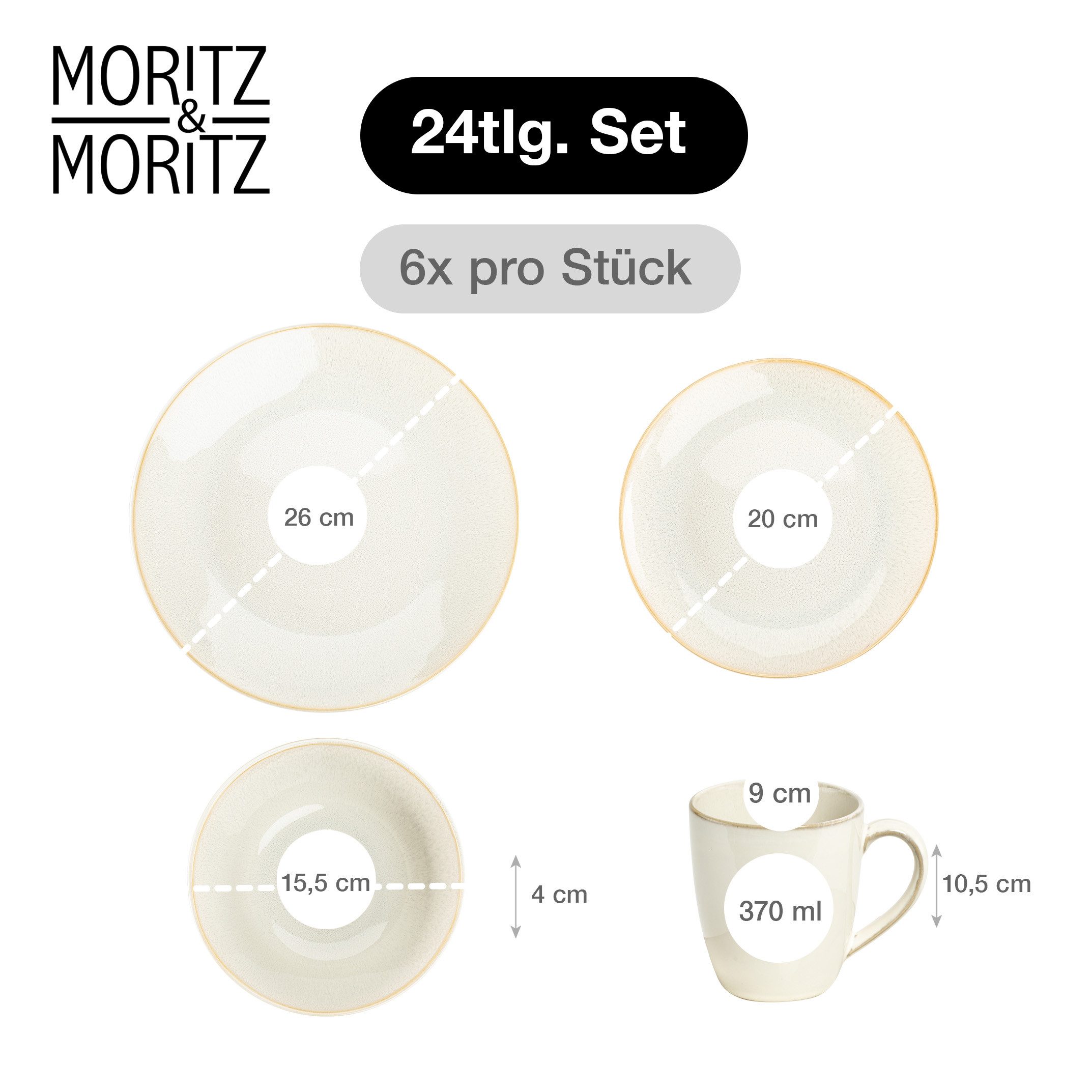 Moritz & Moritz Tafelservice SENSE beige Geschirrset (24-tlg), 6 Personen, Steingut, Kombigeschirr für 6 Personen