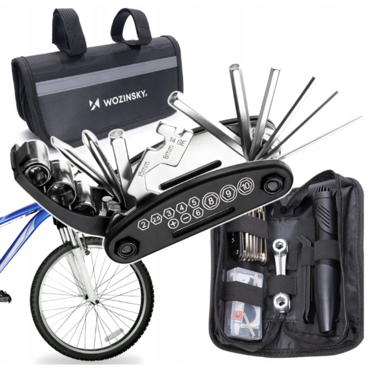 Wozinsky Fahrrad-Reparaturset WMZ-01N, Set, 16-St., 16 in 1 Set mit Pumpe, Reifenheber und Flickzeug in Tasche