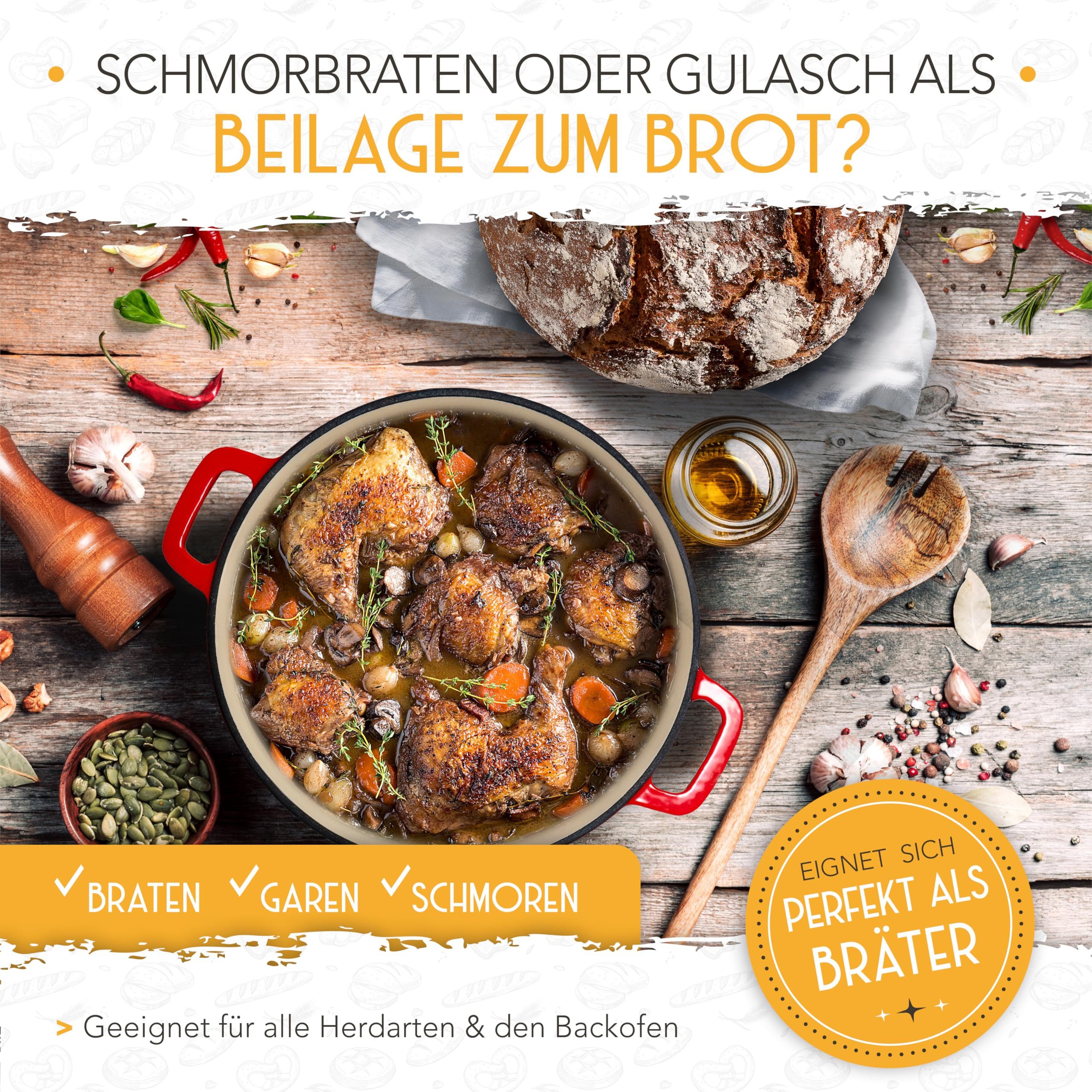 Krustenzauber Brotbackform Gusseisen Topf Brot Backen [inkl. Gärkorb] -, (Hochwertiger Emaille Topf), Idealer gusseiserner Brottopf zum Backen, Gusseisentopf Brotbacken