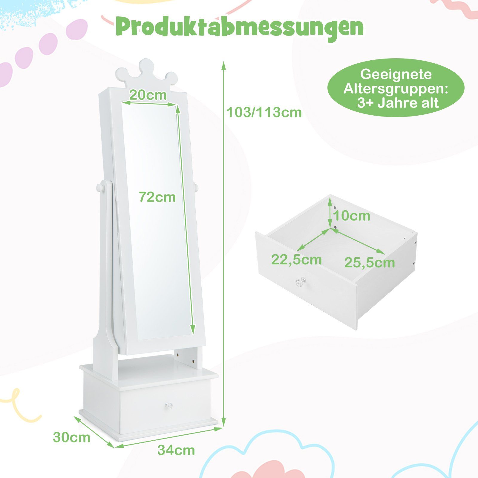COSTWAY Kinder Schmuckschrank - 3-in-1 Mit Spiegel & Aufbewahrung