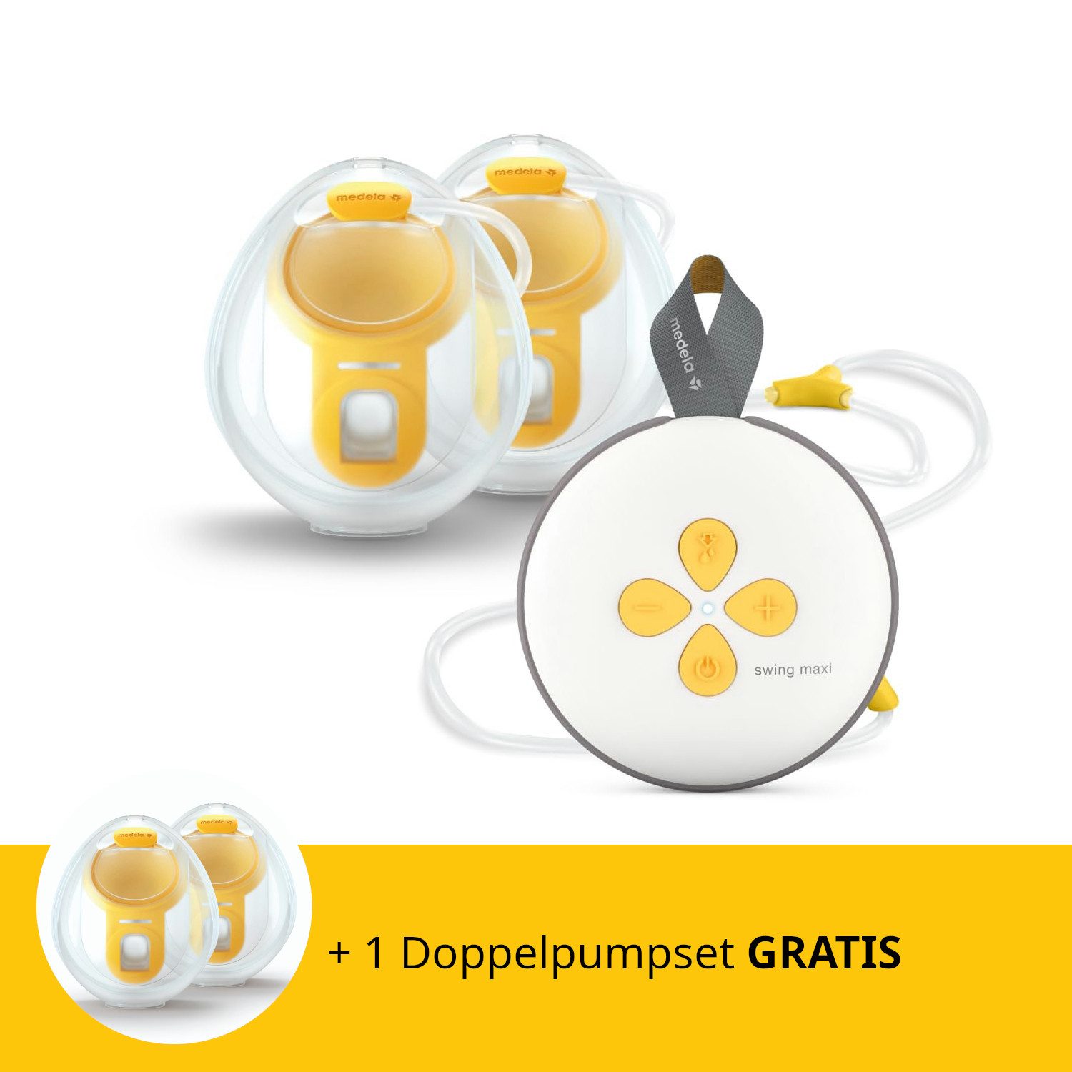 MEDELA Elektrische Doppelmilchpumpe SWING MAXI Hands-free + Gratis-Set eins nutzen, eins spülen, Spar-Set, App-Connectivity: Die Medela Family App