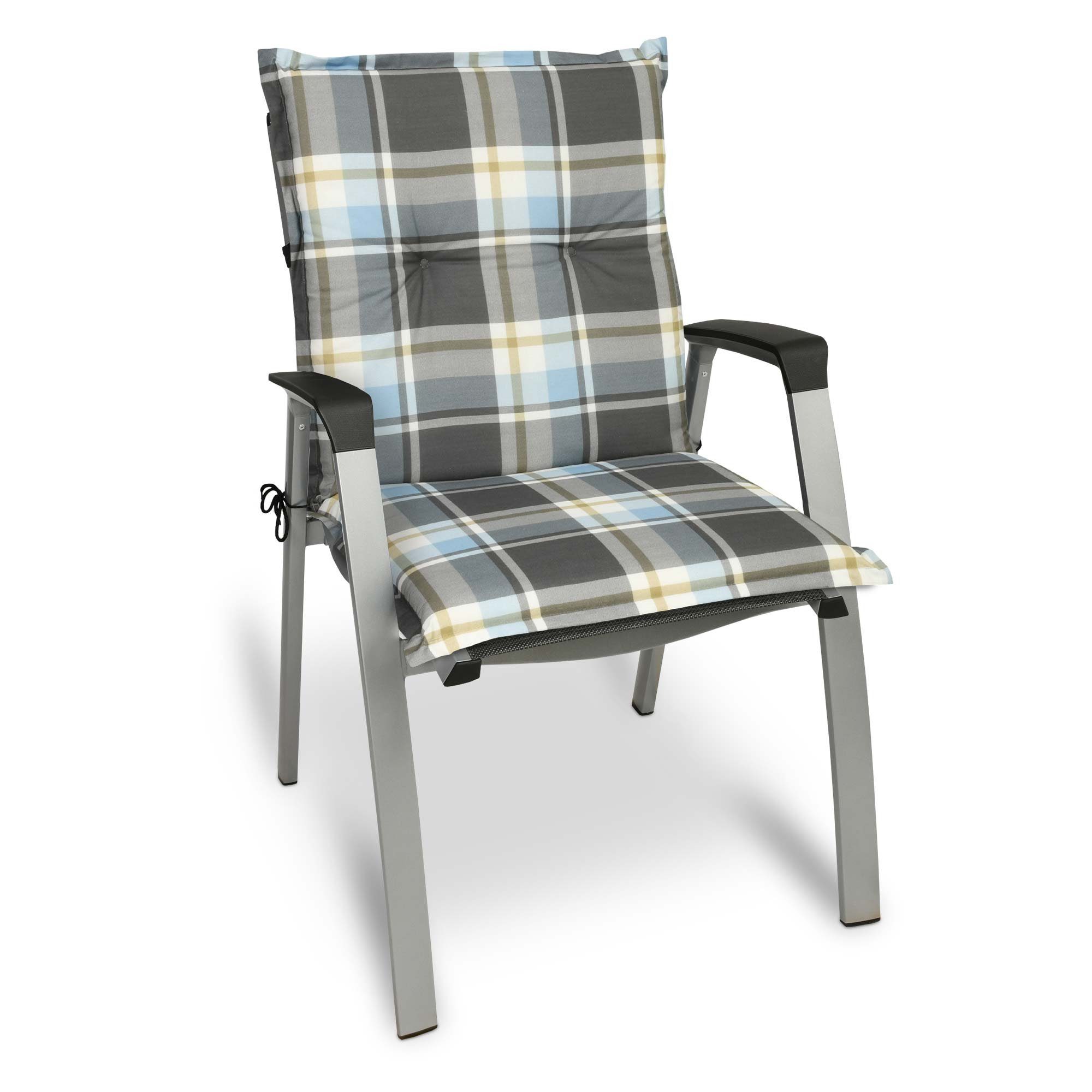 Beautissu Sitzauflage Sunny BK Niedriglehner für Gartenstuhl 100x50 cm in Blau Kariert, Bequeme Gartenstuhl Stuhlkissen Polsterauflagen mit UV-Lichtecht