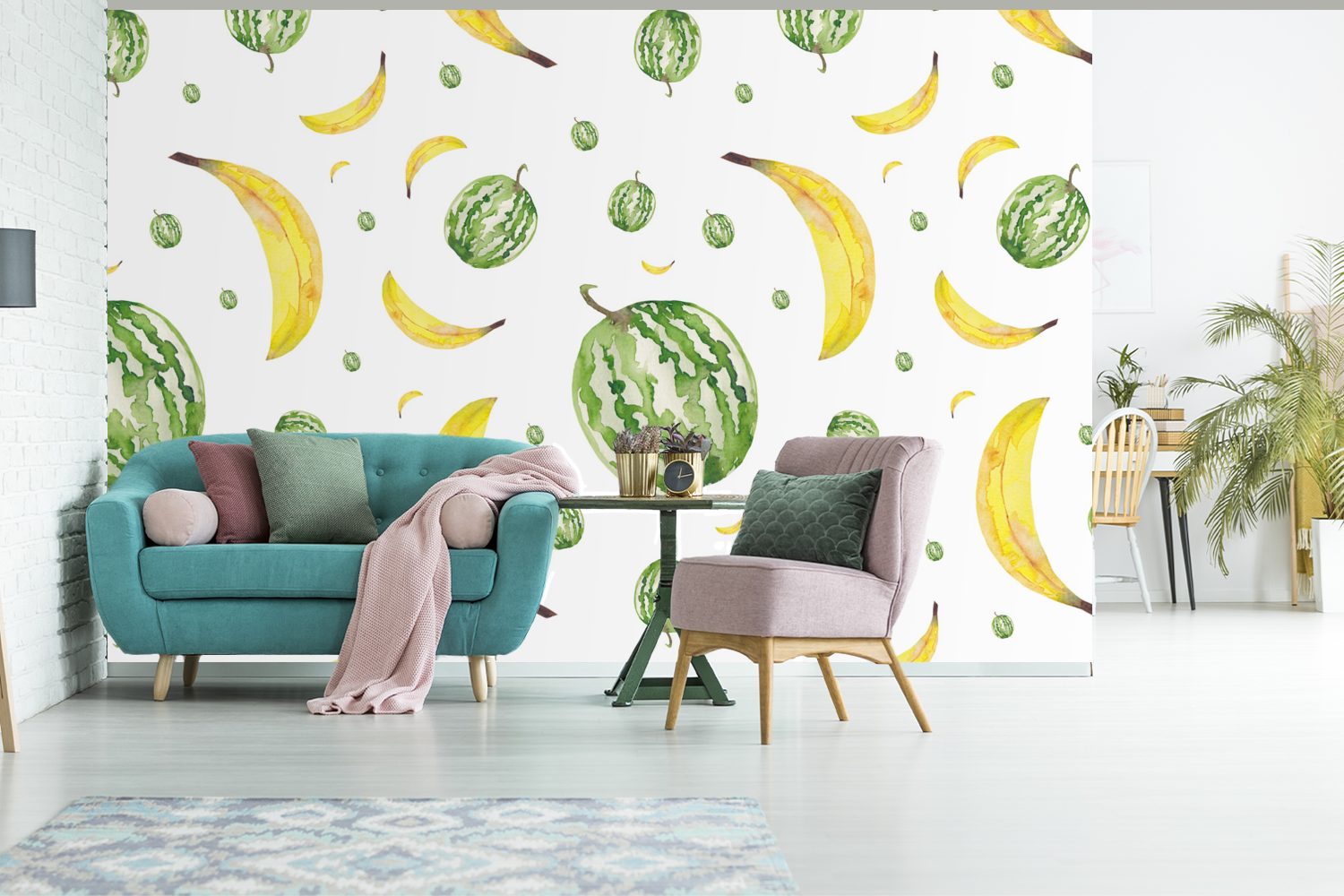 (6 Kinderzimmer, für Matt, - St), bedruckt, MuchoWow Fototapete Tapete Melonen Bananen - Vinyl Wallpaper Schablonen, Wohnzimmer, Schlafzimmer,