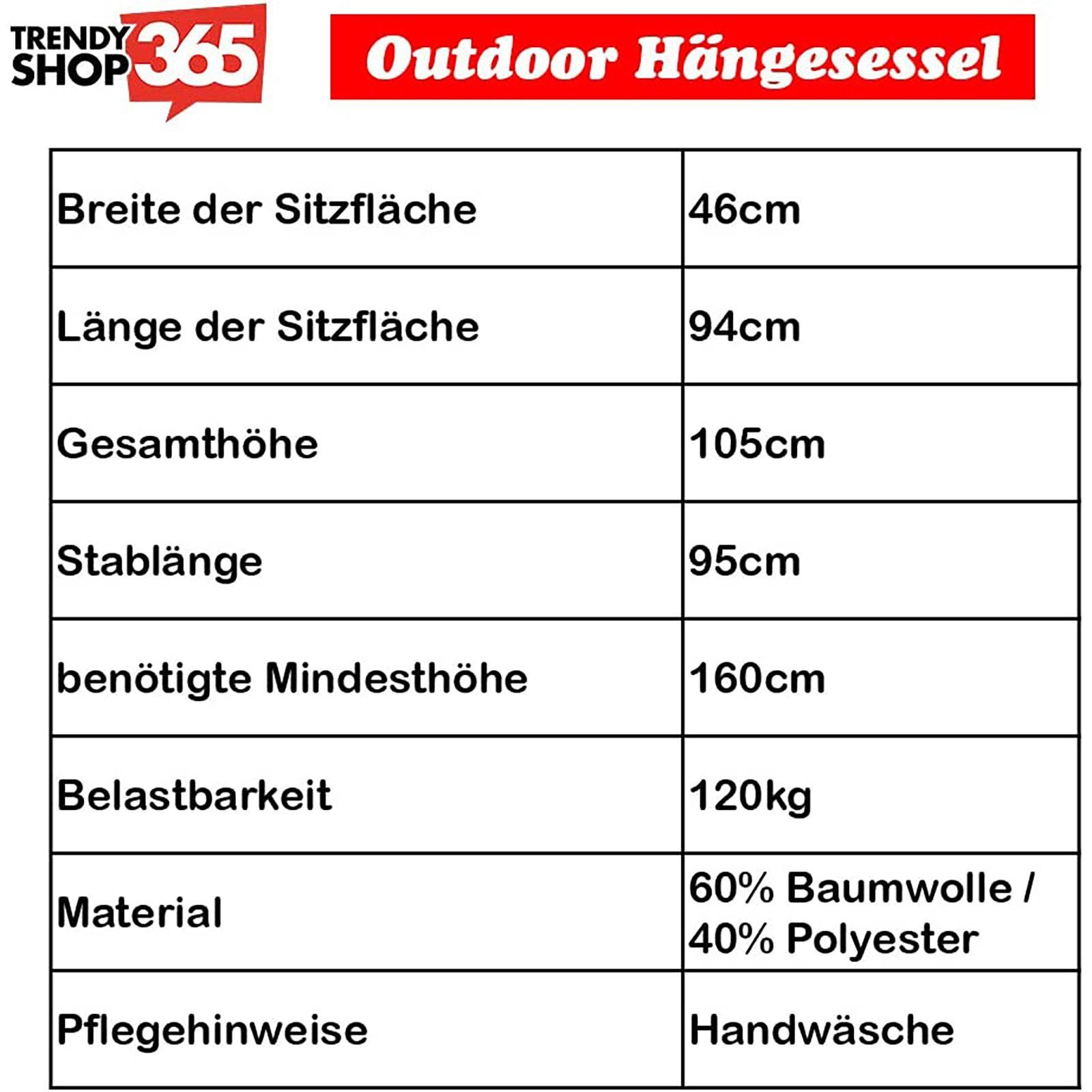 Trendyshop365 Hängesessel ohne für Hängeschaukel, in 120kg gepolstert, 2 bis Außenbereich, Innen- Farben Hängestuhl und Gestell bunt