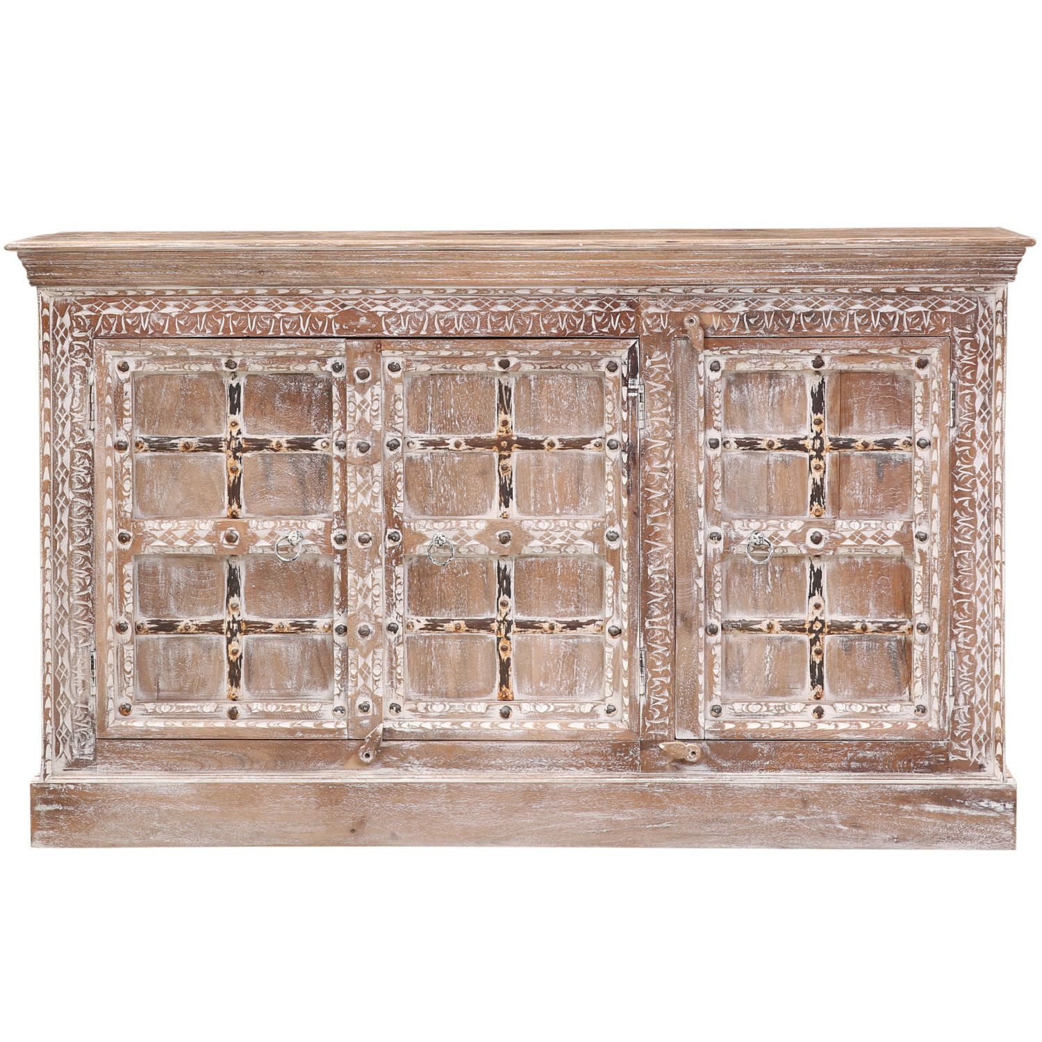 Sideboard Vintage Sideboard Hira handgefertigt aus Mangoholz in Beige-Weiß 90 cm