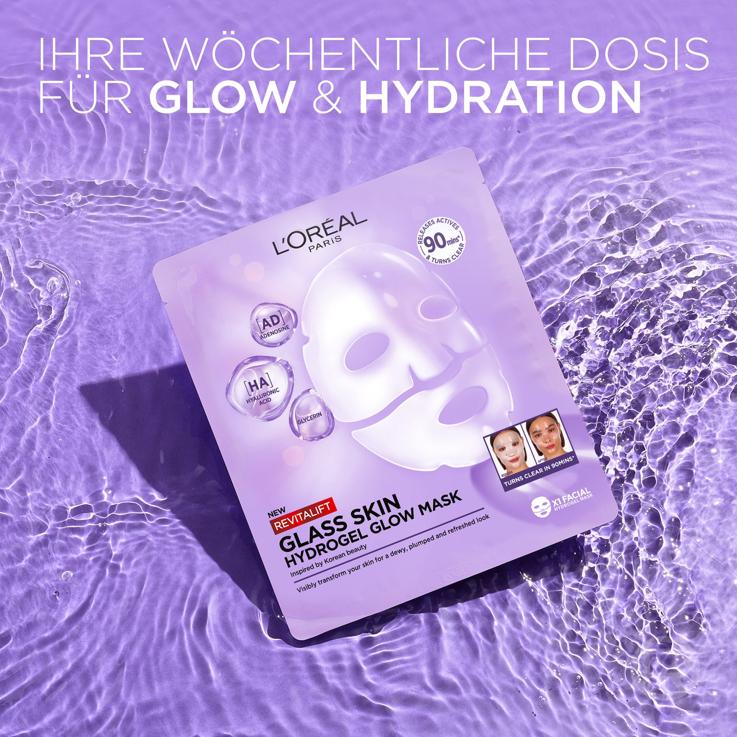 L'ORÉAL PARIS Gesichtsmaske REVITALIFT GLASS SKIN HYDROGEL GLOW MASK Set, 4-tlg., für aufgepolsterte & glowy Haut