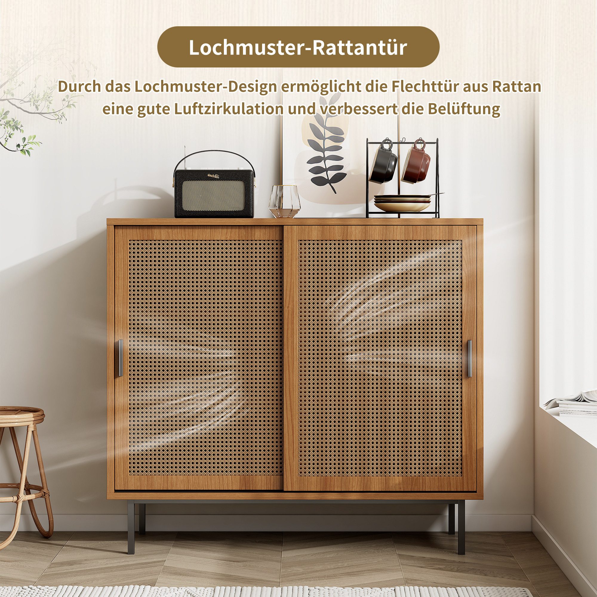 Flieks Sideboard mit 2 Rattan-Schiebetüren (100x37x90 cm, 1 St), Küchenschrank Kommode Aufbewahrungsschrank Wohnzimmer – Bild 5 von 5