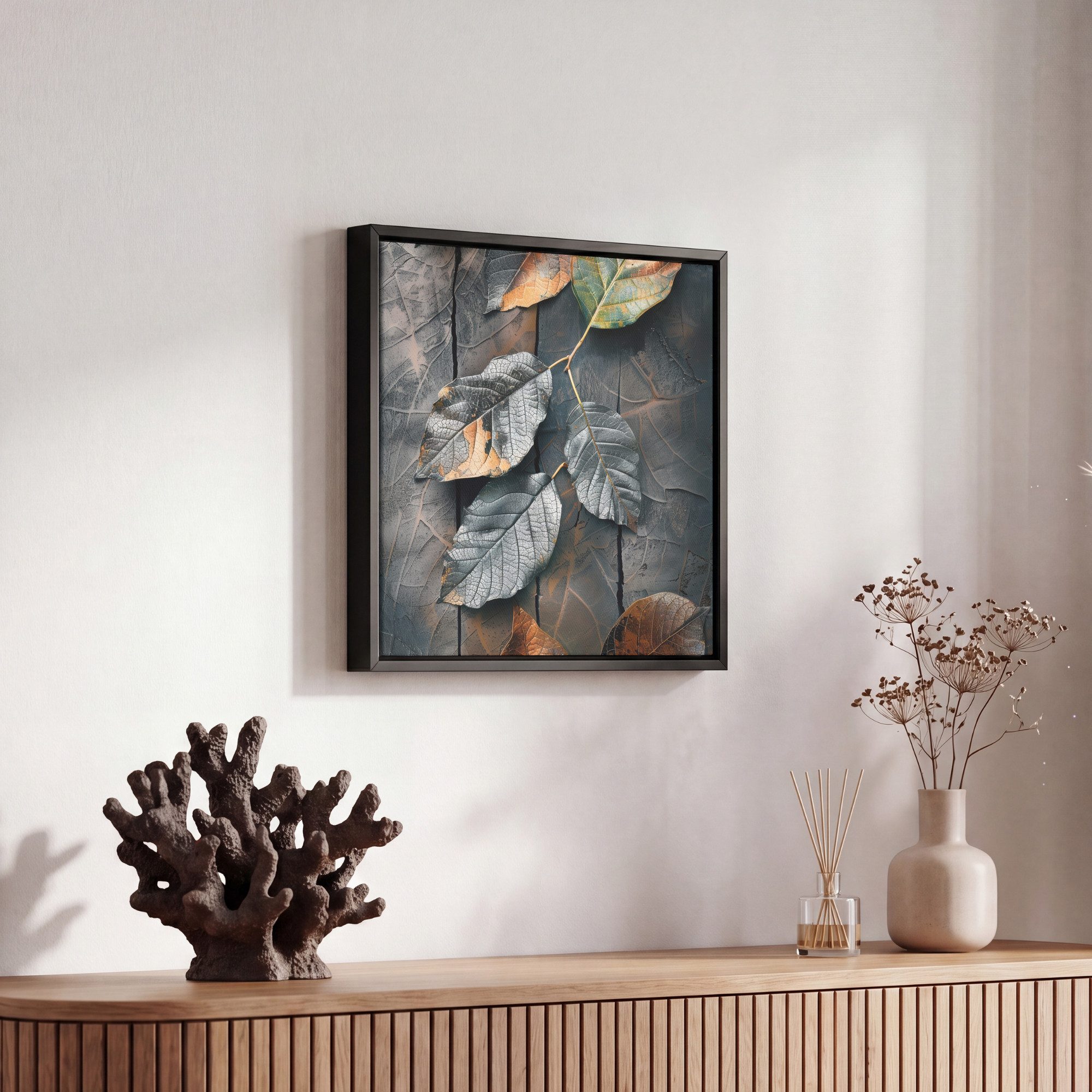 OneMillionCanvasses® Leinwandbild mit Rahmen - Blätter - Herbst - Grau - Natur, Fotodruck (1 St), Leinwand Bilder Klein, Wand Dekoration Aesthetic 20x20cm – Bild 5 von 5