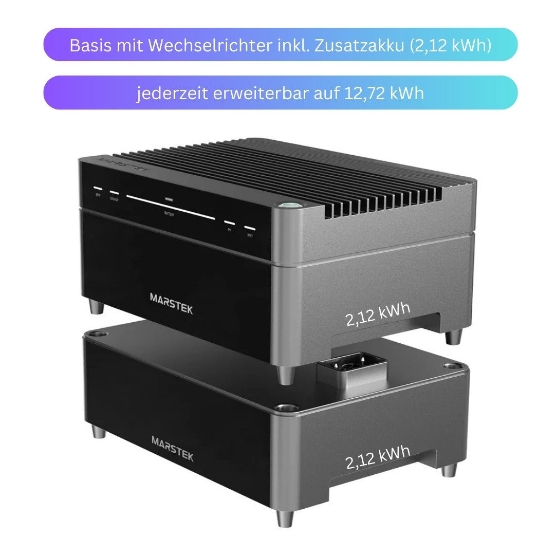 MyVoltaics Balkonkraftwerk SPEICHER Marstek Venus A a 2,12 kWh, erweiterbar, Versand 0 €, 1200 W, Bundle mit Speichererweiterungen, (Set, 1-St., komplett steckerfertig für Steckdose und Solarmodule), 800 W Netzausgang, Notstrom direkt am Speicher bis zu 1200 W