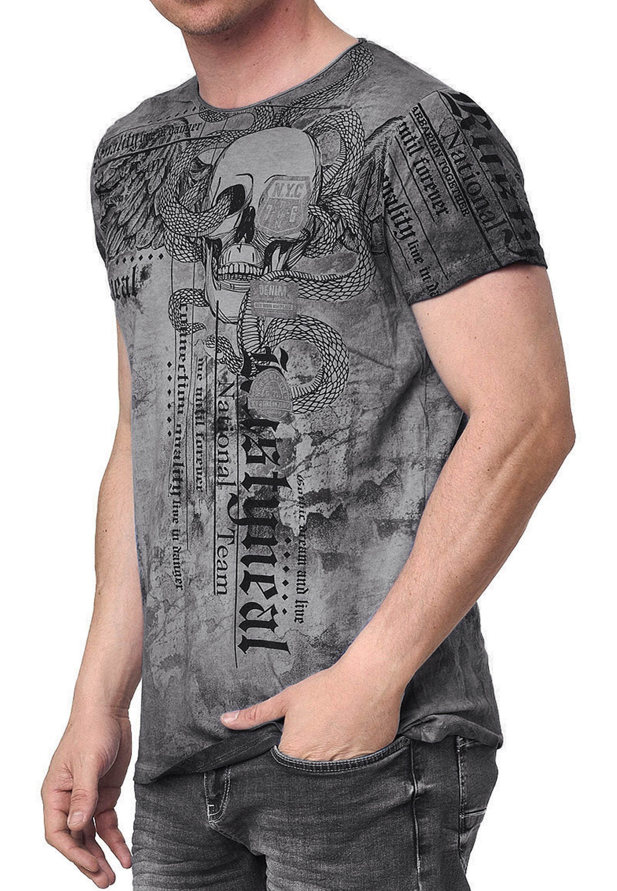 R-NEAL T-Shirt Herren T-Shirt Oil Washed Skull Printed 100% Cotton S M L XL XXL 3XL