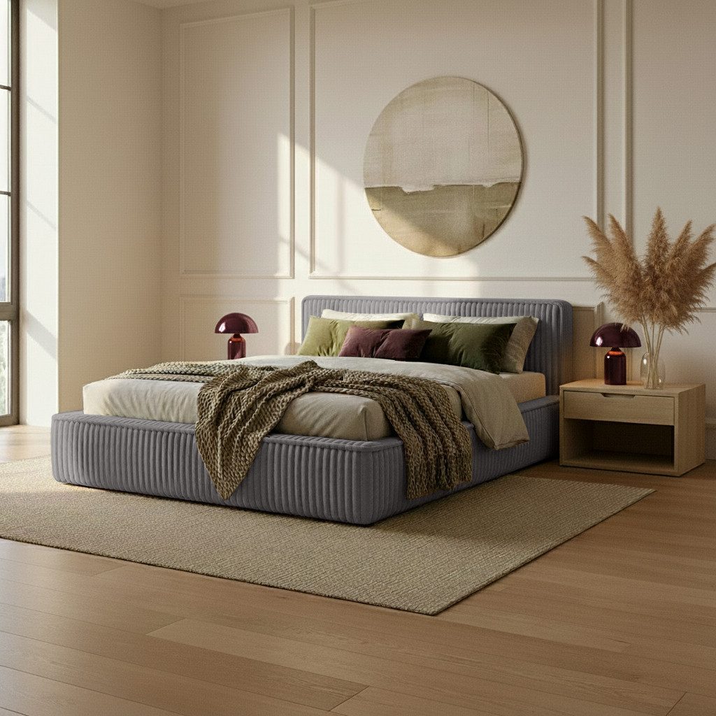 thematys Polsterbett mit Bettkasten, CLOUD 140x200 160x200 180x200 200x200cm (Kopfteil im Modernen-Look – weich, modern und pflegeleicht), hochwertiger Bouclé-Stoff in Ash, Weiß, Beige und Kreme, Inklusive Lattenrost: Metallrahmen,hochwertiger Stoff), hydraulische Klappfunktion für Stauraum