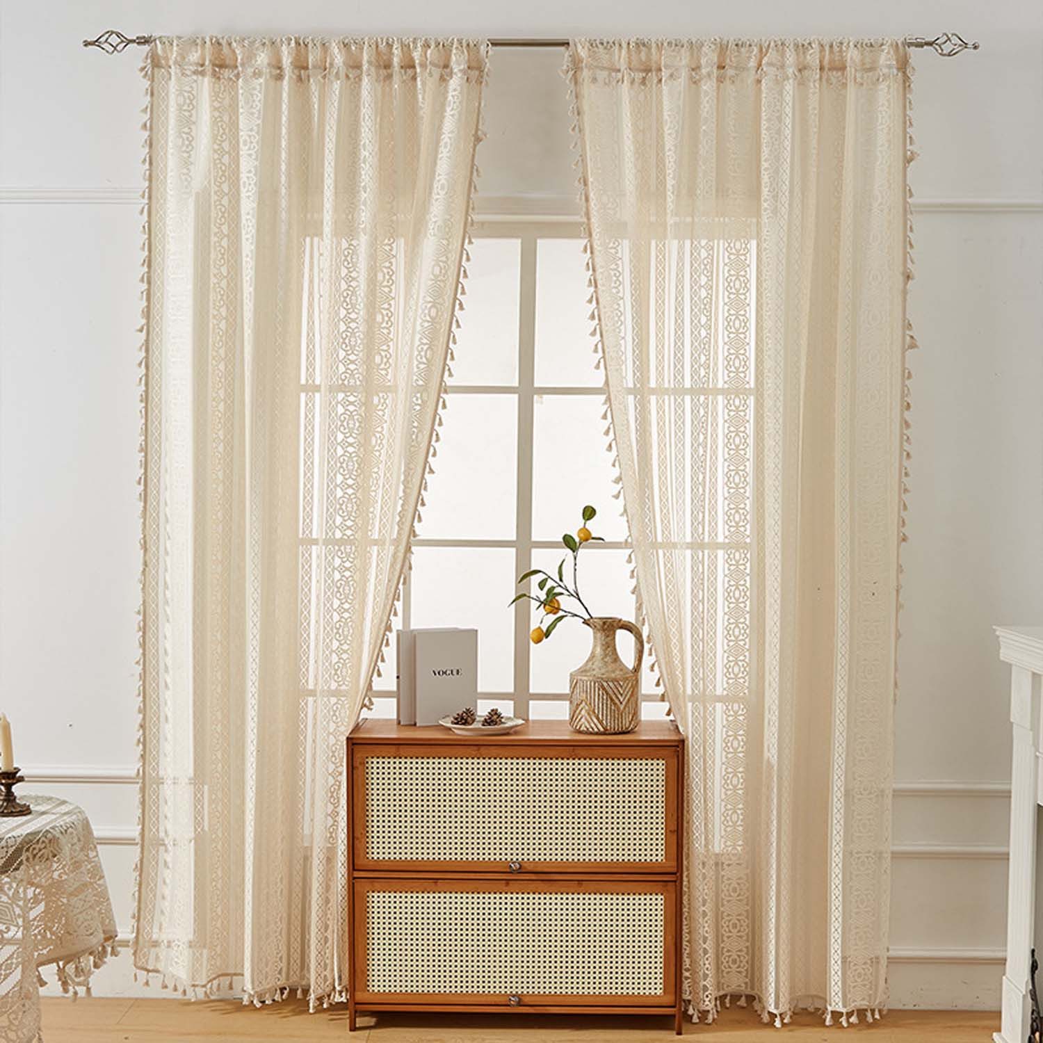 Zyronn Scheibengardine Boho-Quasten-Vorhänge für Wohnzimmer, Vintage-Stil (2 St) – Bild 5 von 5